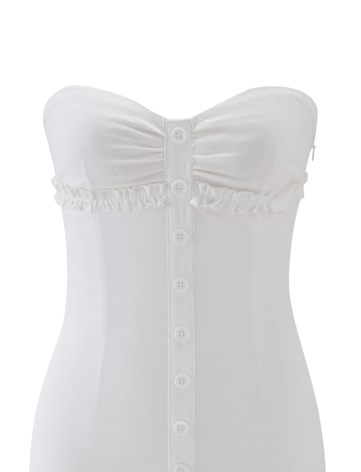The KITTIE STRAPLESS DRESS - WHITE by TIGERMIST is a strapless mini dress with a ruched sweetheart neckline, ruffle trim below the bust, cinched fit, and white button details down the front.