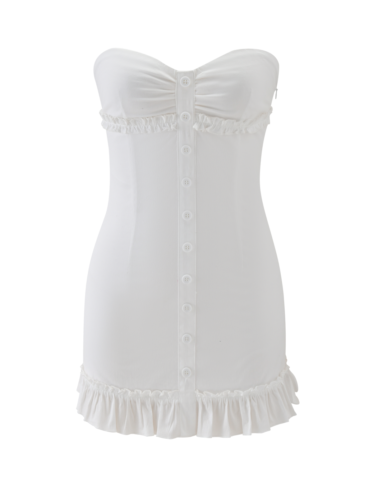 The TIGERMIST KITTIE STRAPLESS DRESS - WHITE is a strapless mini dress with a sweetheart neckline, ruched bust, decorative front buttons, and ruffled trim at the top and hem, shown on a plain white background.