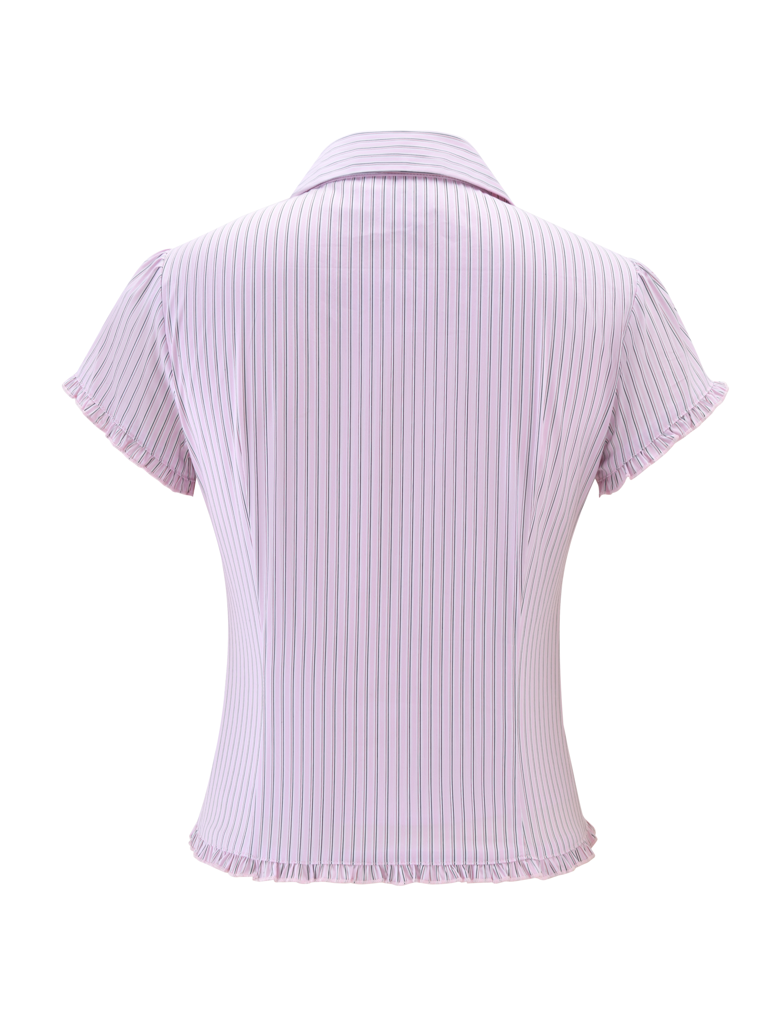 The TIGERMIST VALERIE SHORT SLEEVE SHIRT - PINK STRIPE is a fitted blouse with vertical pink and white stripes, ruffled sleeve edges, and a ruffled hem, shown from the back.