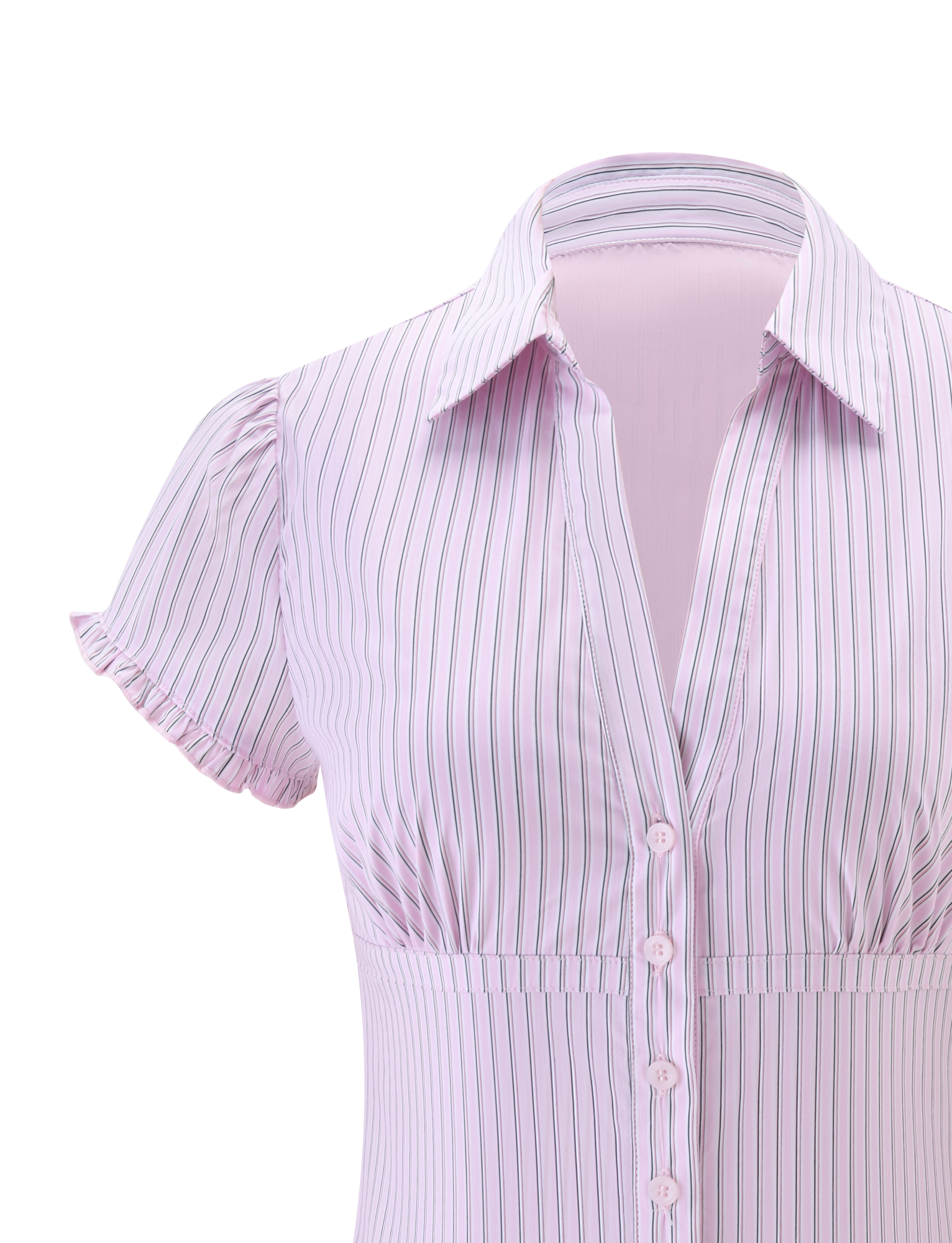 A close-up of the TIGERMIST VALERIE SHORT SLEEVE SHIRT - PINK STRIPE, featuring light pink vertical thin stripes, short puffed sleeves, a collared neckline, and five buttons.