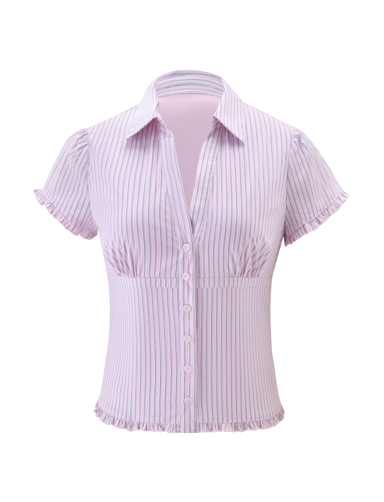 The VALERIE SHORT SLEEVE SHIRT - PINK STRIPE by TIGERMIST features light pink fabric with vertical purple stripes, a collared neckline, short ruffled sleeves, front buttons, a fitted waist, and a ruffled bottom hem.