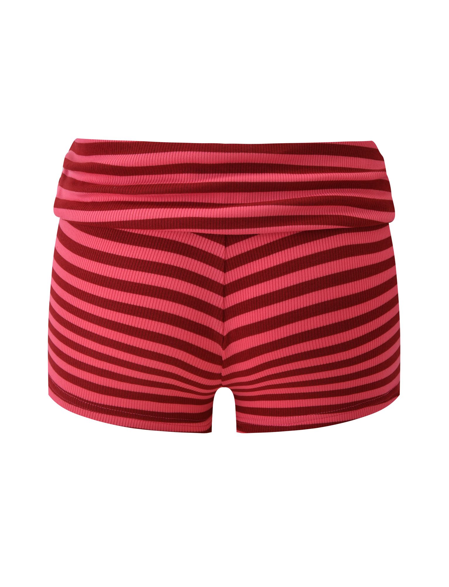 The TIGERMIST CERYS RIB SHORT features pink and red horizontal stripes, a ribbed knit texture, and a foldover waistband, shown on a plain white background.