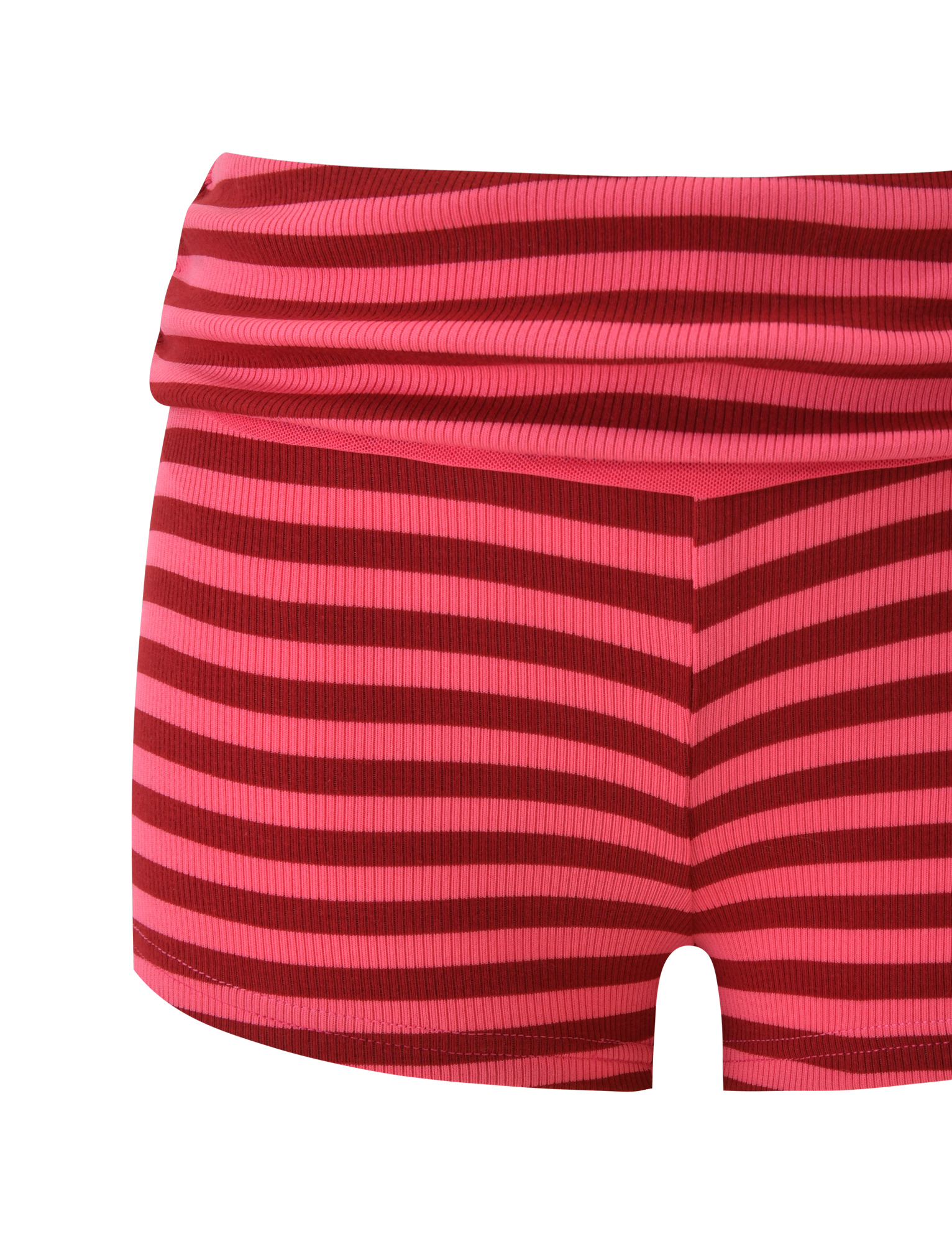 The TIGERMIST CERYS RIB SHORT features a high-waisted fit, foldover waistband, and ribbed knit texture with pink and red horizontal stripes.