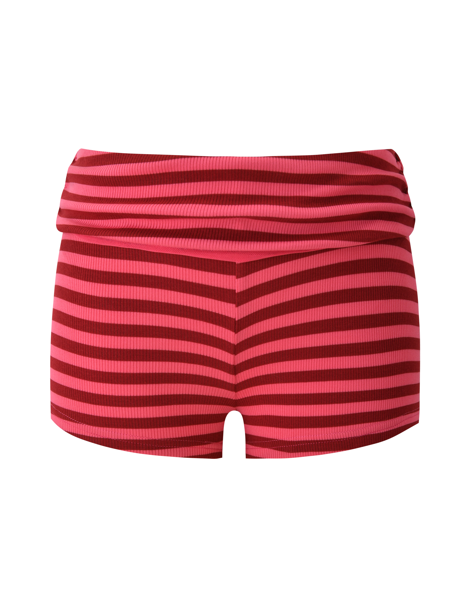 The TIGERMIST CERYS RIB SHORT in pink and red stripe features ribbed knit fabric, horizontal stripes, and a foldover waistband, shown on a plain white background.
