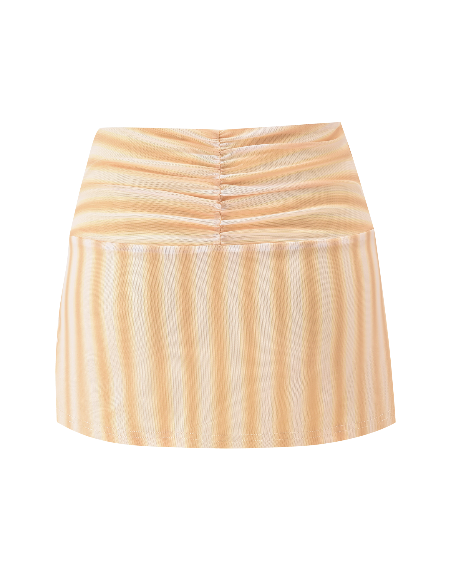 The TIGERMIST HAVANA SKIRT - YELLOW STRIPE is a short, high-waisted mini skirt featuring vertical pastel stripes and a ruched waistband in smooth, slightly shiny fabric, displayed on a plain white background.