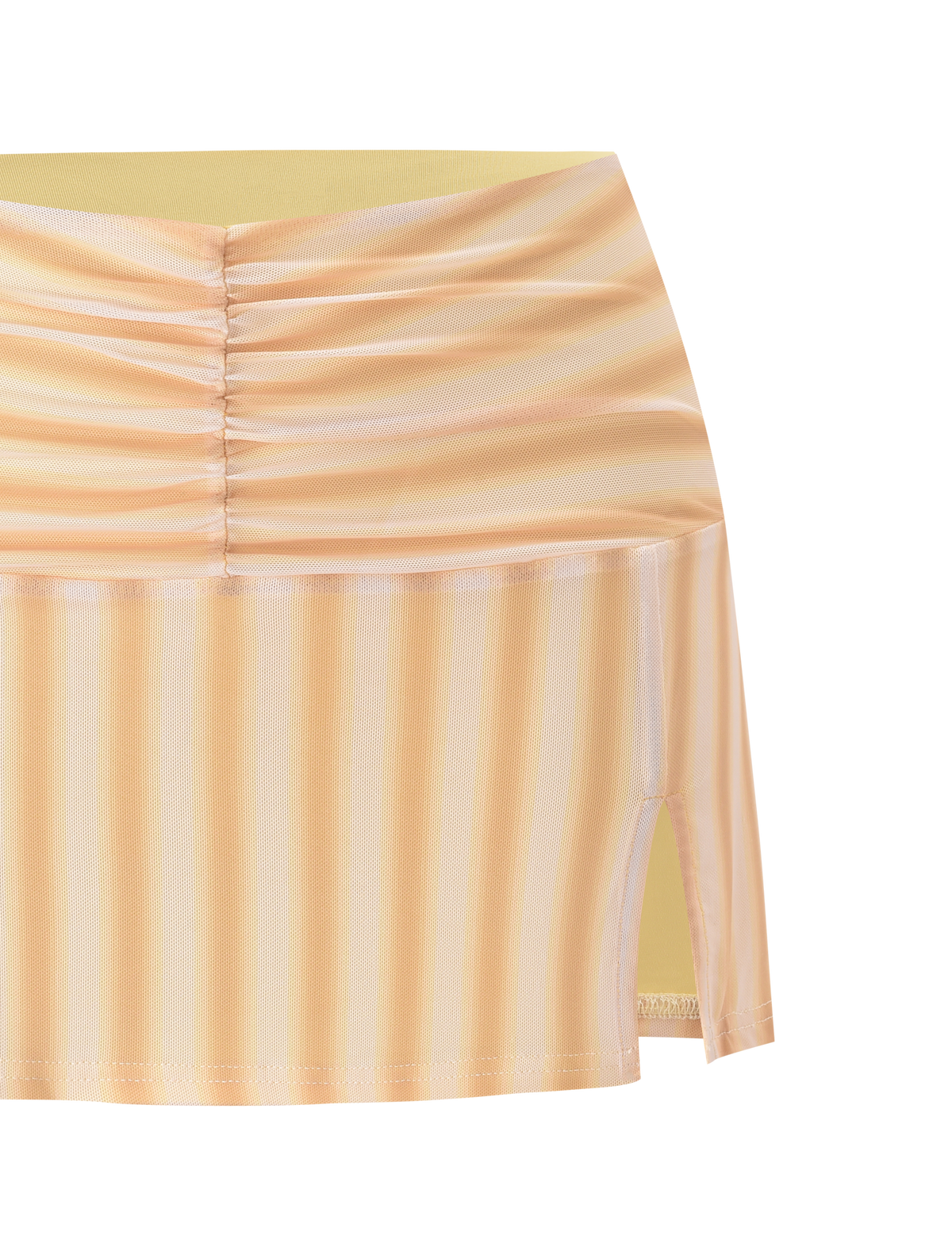 A close-up of the TIGERMIST HAVANA SKIRT - YELLOW STRIPE, featuring a ruched waistband and a side slit, displayed against a white background.