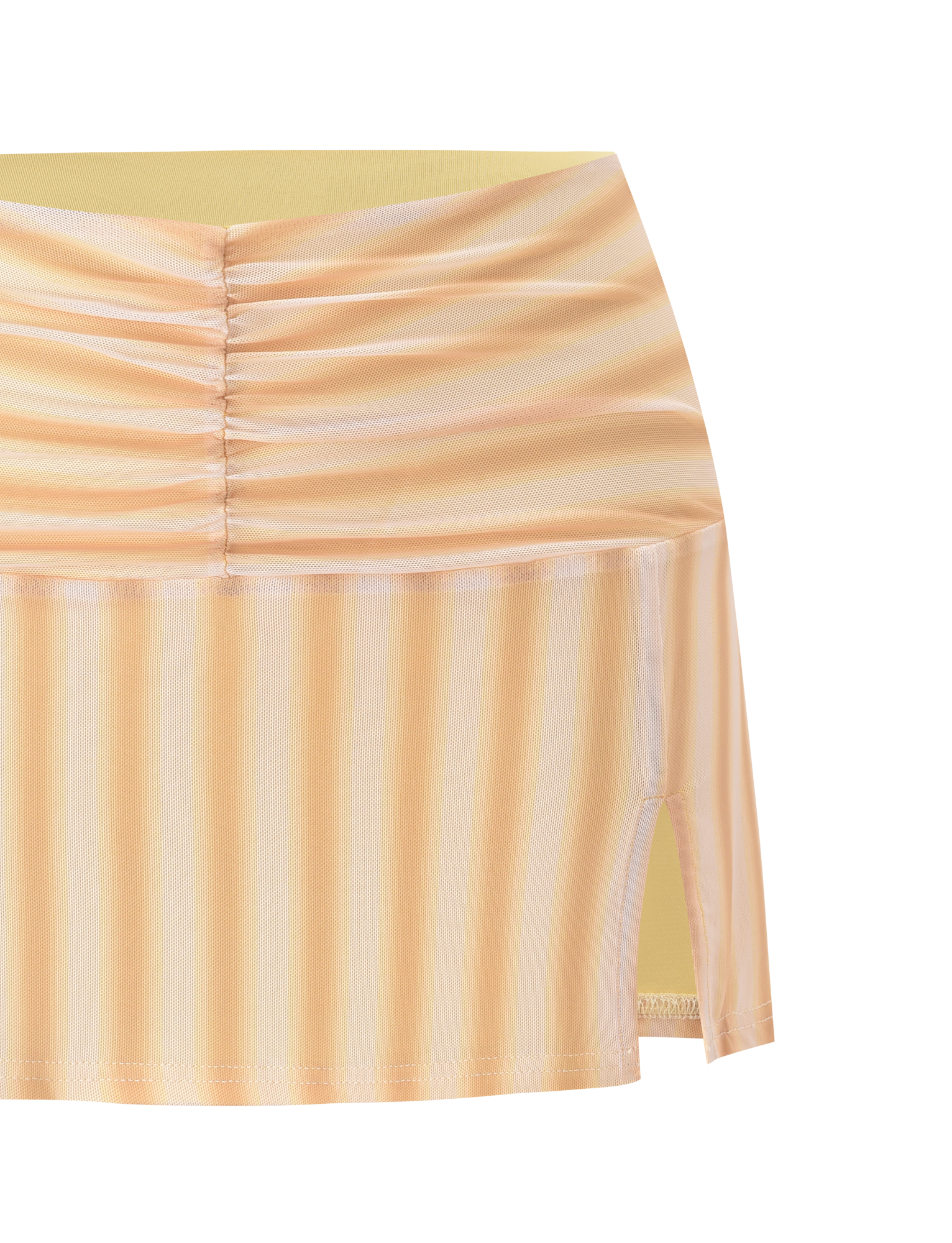 A close-up of the TIGERMIST HAVANA SKIRT - YELLOW STRIPE, featuring a ruched waistband and a side slit, displayed against a white background.