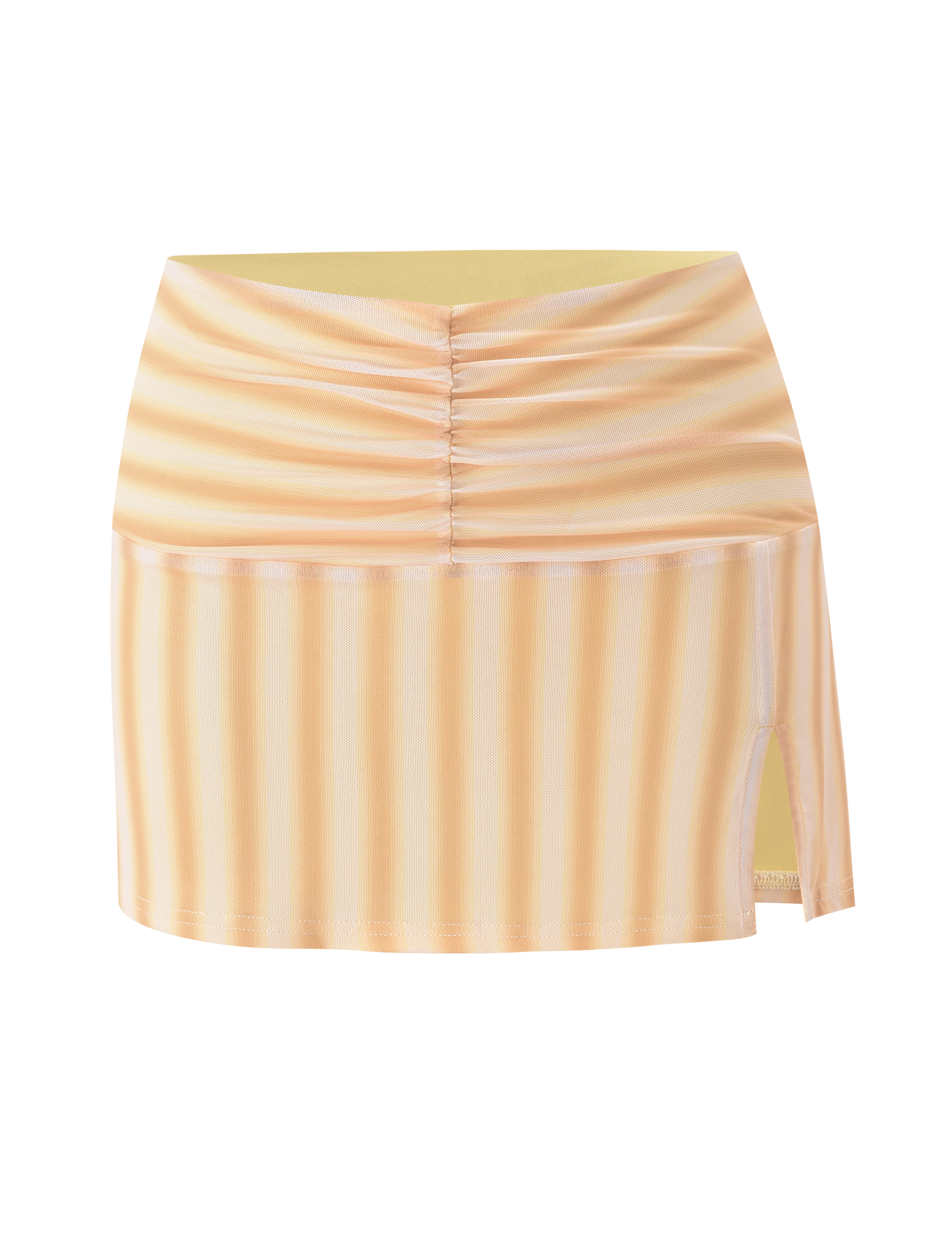 The TIGERMIST HAVANA SKIRT - YELLOW STRIPE is a mesh mini skirt with white accents, a ruched front waistband, asymmetrical hem, and small side slit. Shown against a plain white background.