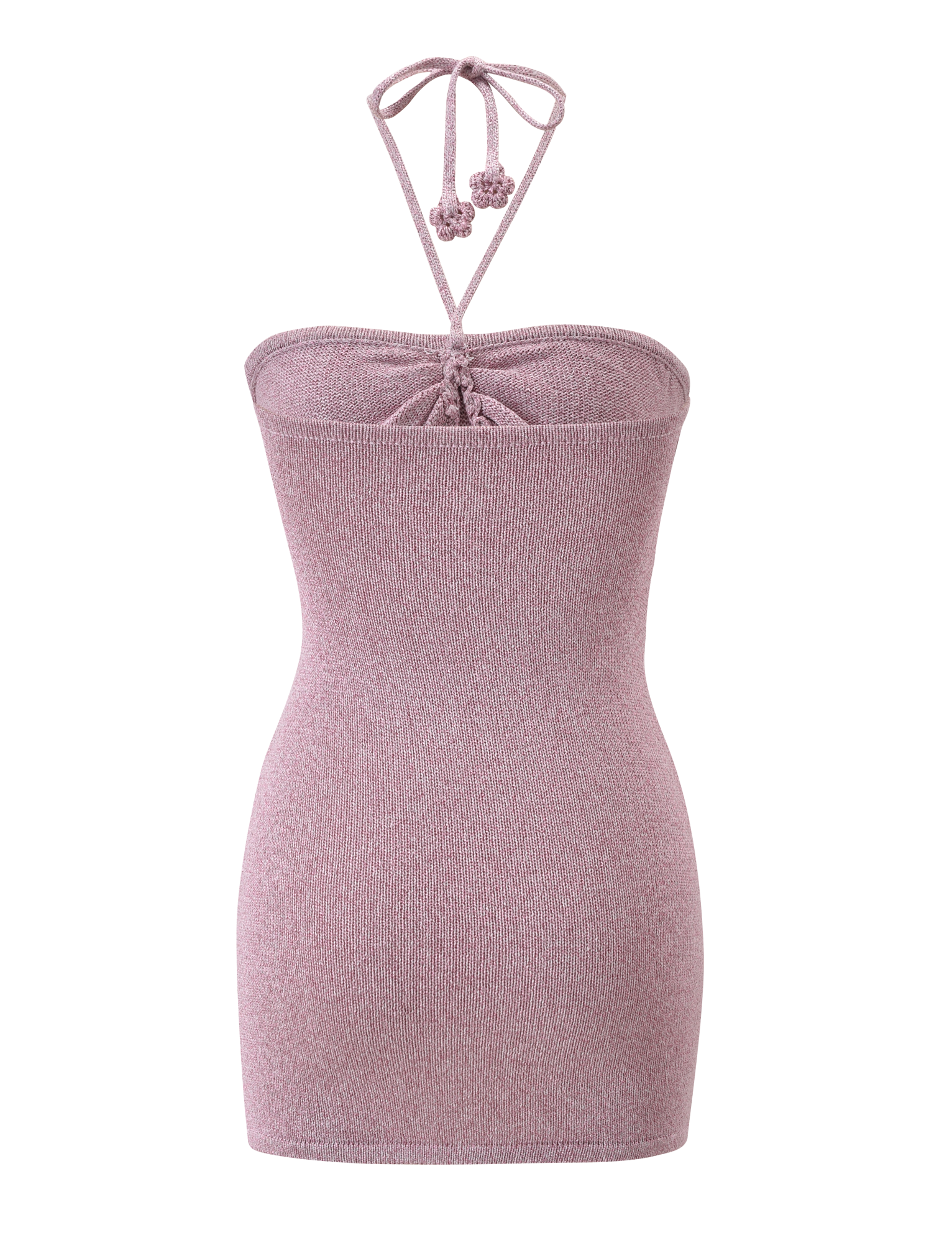 The SUNIA DRESS - BABY PINK by TIGERMIST is a sleeveless, form-fitting knit mini dress featuring a halter neck tie with two small tassels, shown on a plain white background.
