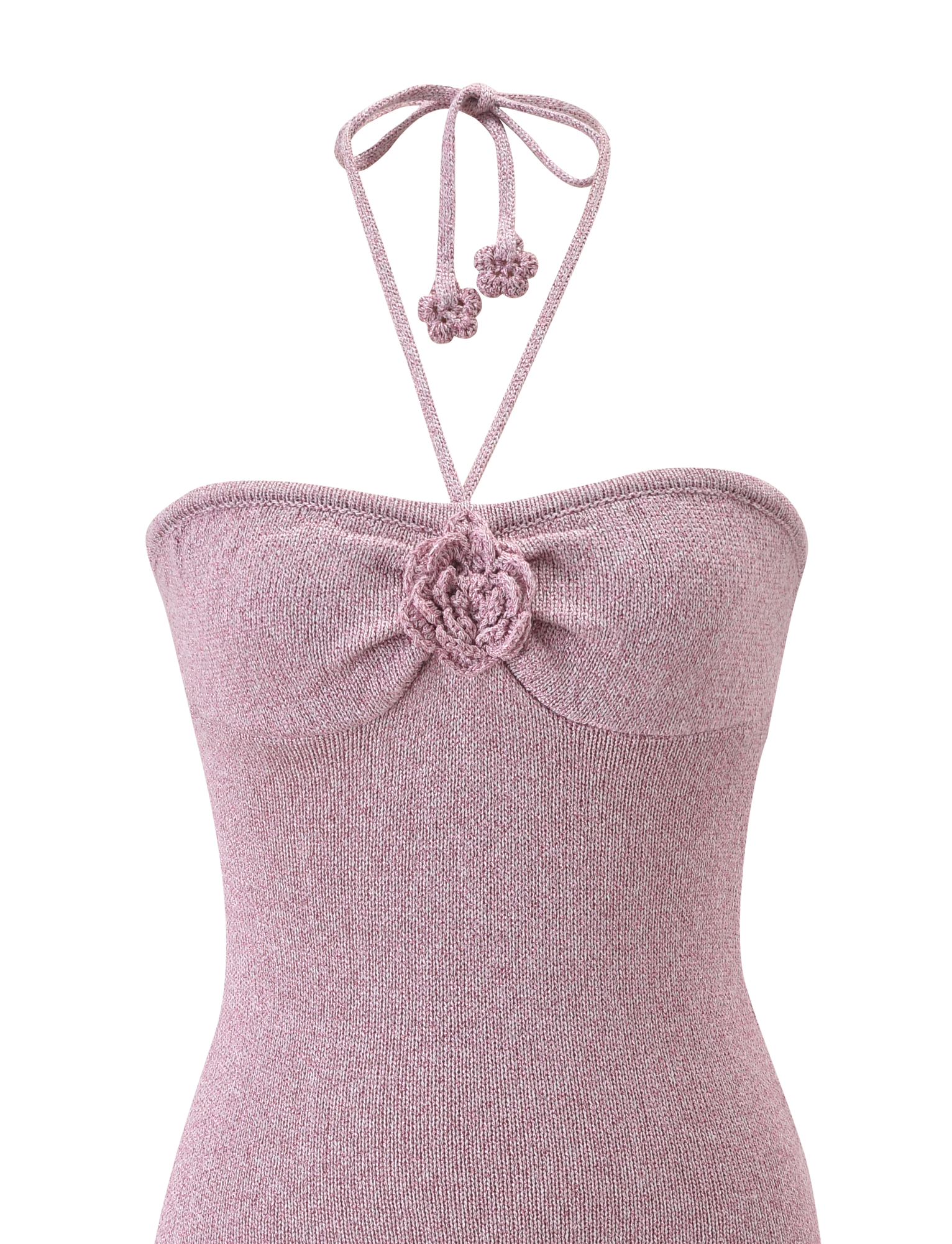 A close-up of the TIGERMIST SUNIA DRESS in baby pink, a knit dress with a sweetheart neckline, crochet flower at the center, and neck ties adorned with matching flower accents.