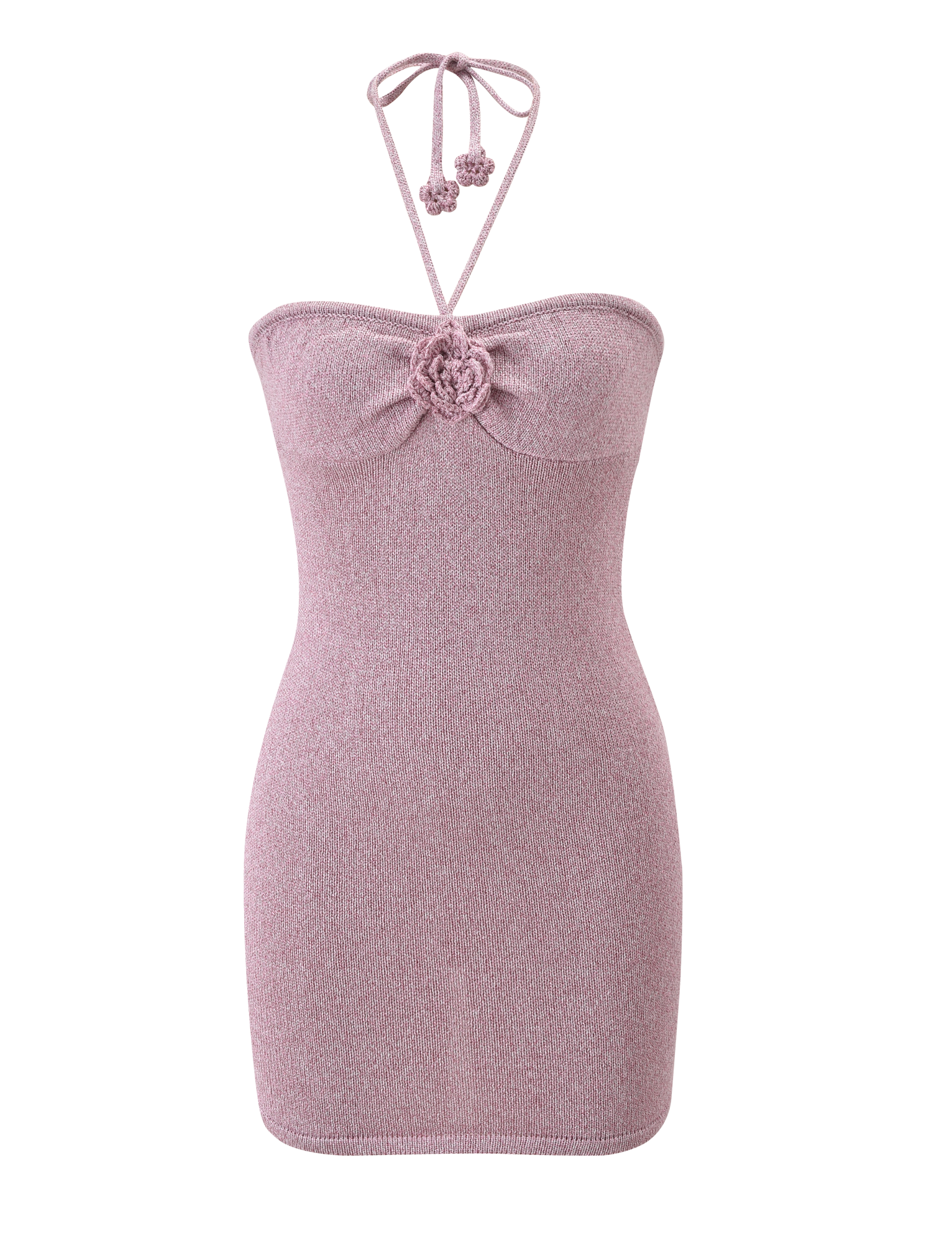 The SUNIA DRESS - BABY PINK by TIGERMIST is a light pink, strapless bodycon mini with a halter neck tie, center chest flower detail, and soft fabric with a subtle metallic sheen displayed on a plain white background.