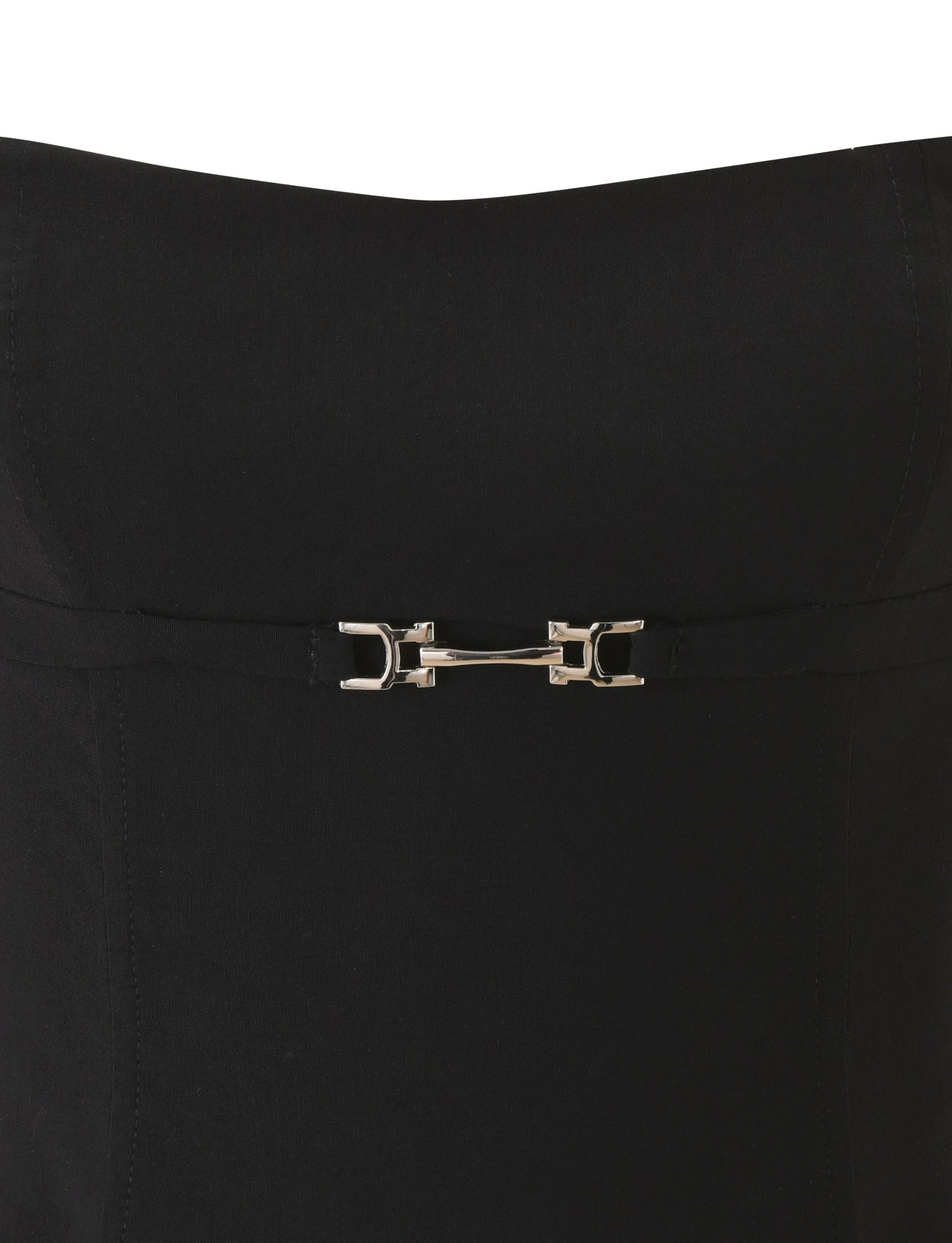 Close-up of the TIGERMIST KITTIE BUCKLE TOP - BLACK, a sleek black top with a silver buckle at the center, designed for a subtle push-up effect, shown against a plain white background.