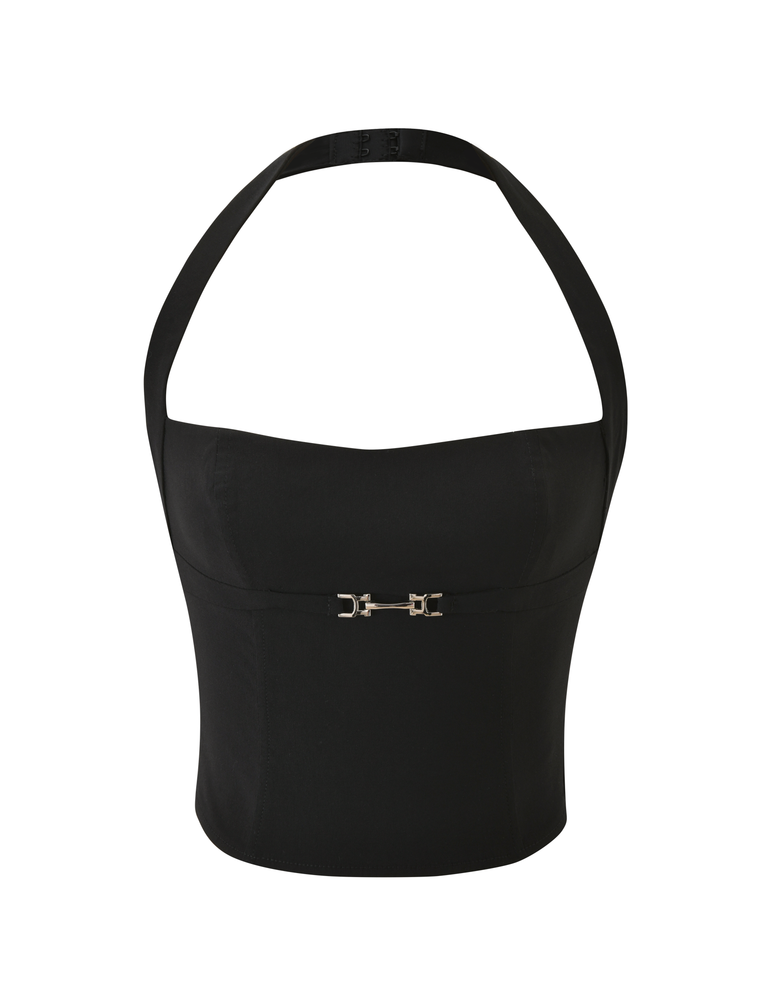 The KITTIE BUCKLE TOP - BLACK by TIGERMIST is a black halter neck crop top with a structured fit, push-up effect, and a small metal buckle detail at the front, shown on a plain white background.