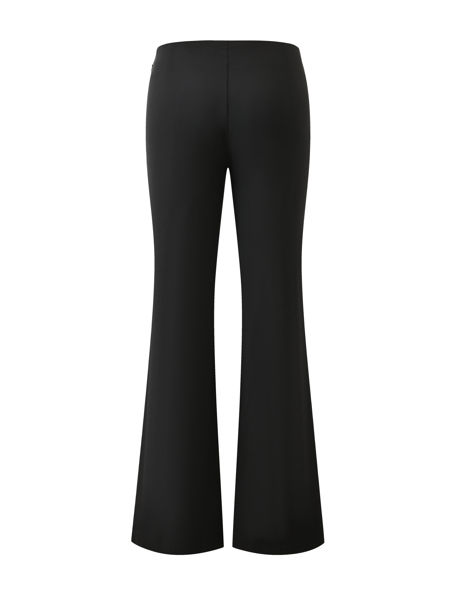 Back view of the KITTIE BUCKLE PANT in black by TIGERMIST, featuring a high waist and flared leg, crafted from stretch suiting fabric and displayed on a plain white background.