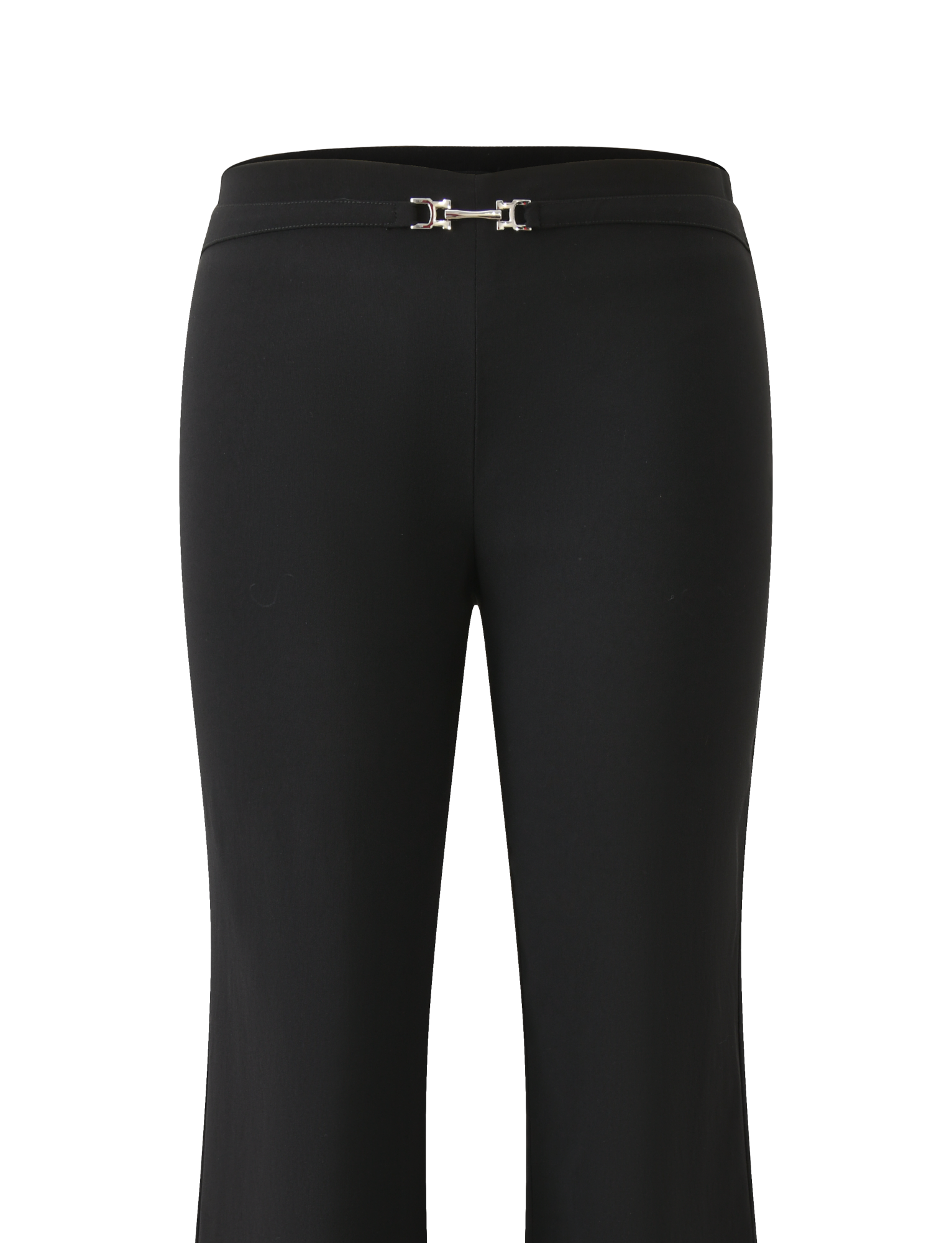The TIGERMIST KITTIE BUCKLE PANT in black is a slim-fit dress pant made from stretch suiting fabric, featuring a thin waistband and a small silver buckle at the front center, displayed against a plain white background.