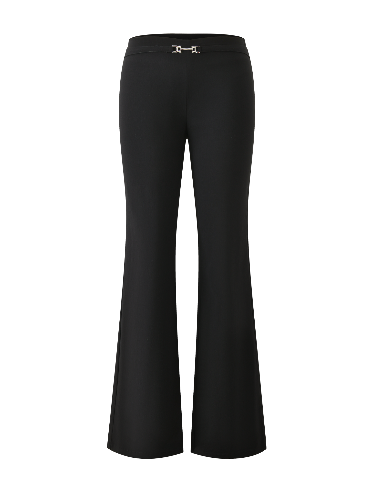 TIGERMIST KITTIE BUCKLE PANT - BLACK: High-waisted, flared leg pants in stretch suiting fabric with a subtle silver buckle at the waistband, shown on a white background.