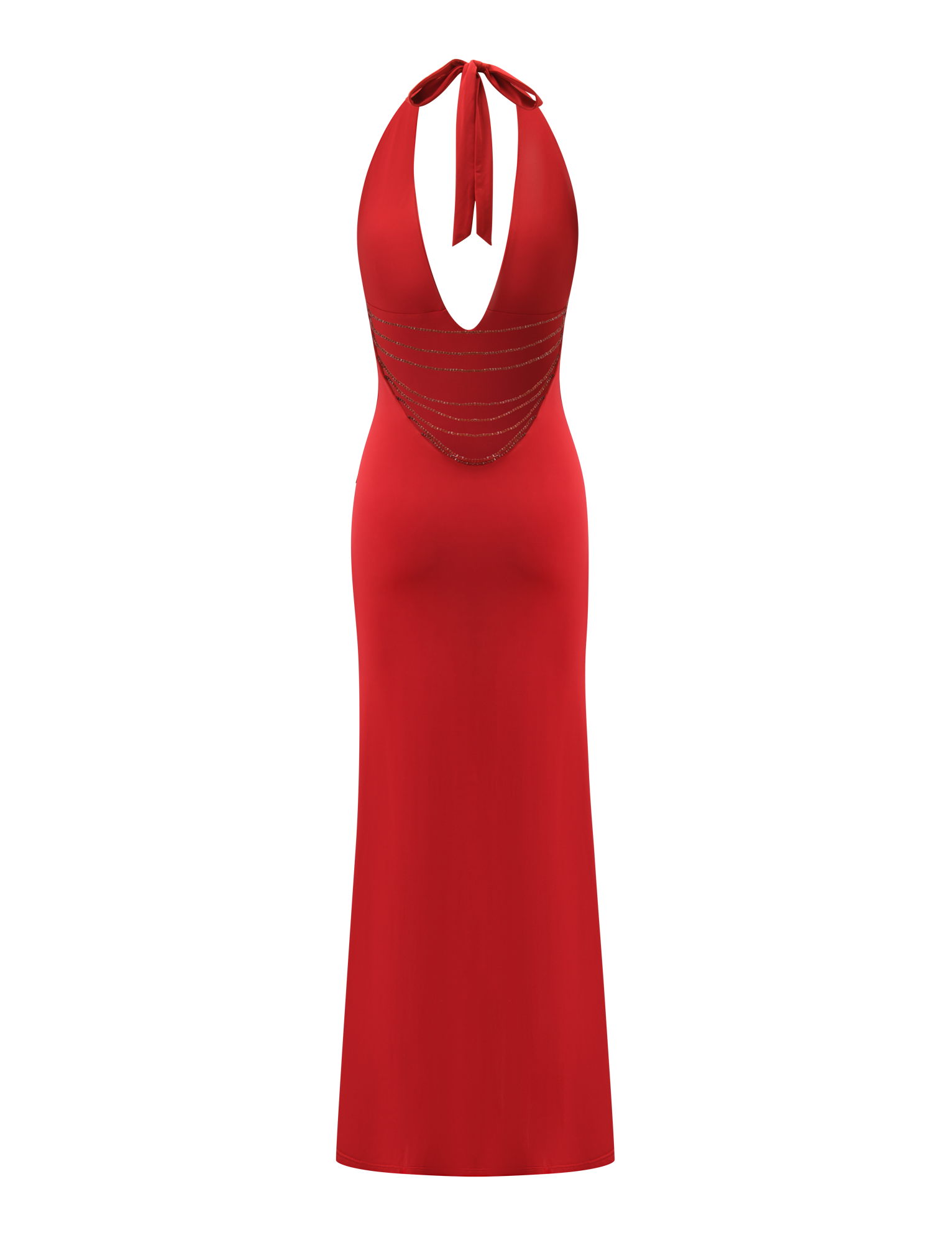 The SOLYNE MAXI DRESS by TIGERMIST is a sleeveless, floor-length deep red dress featuring a halter neckline, open back, and thin horizontal glittery straps across the lower back.