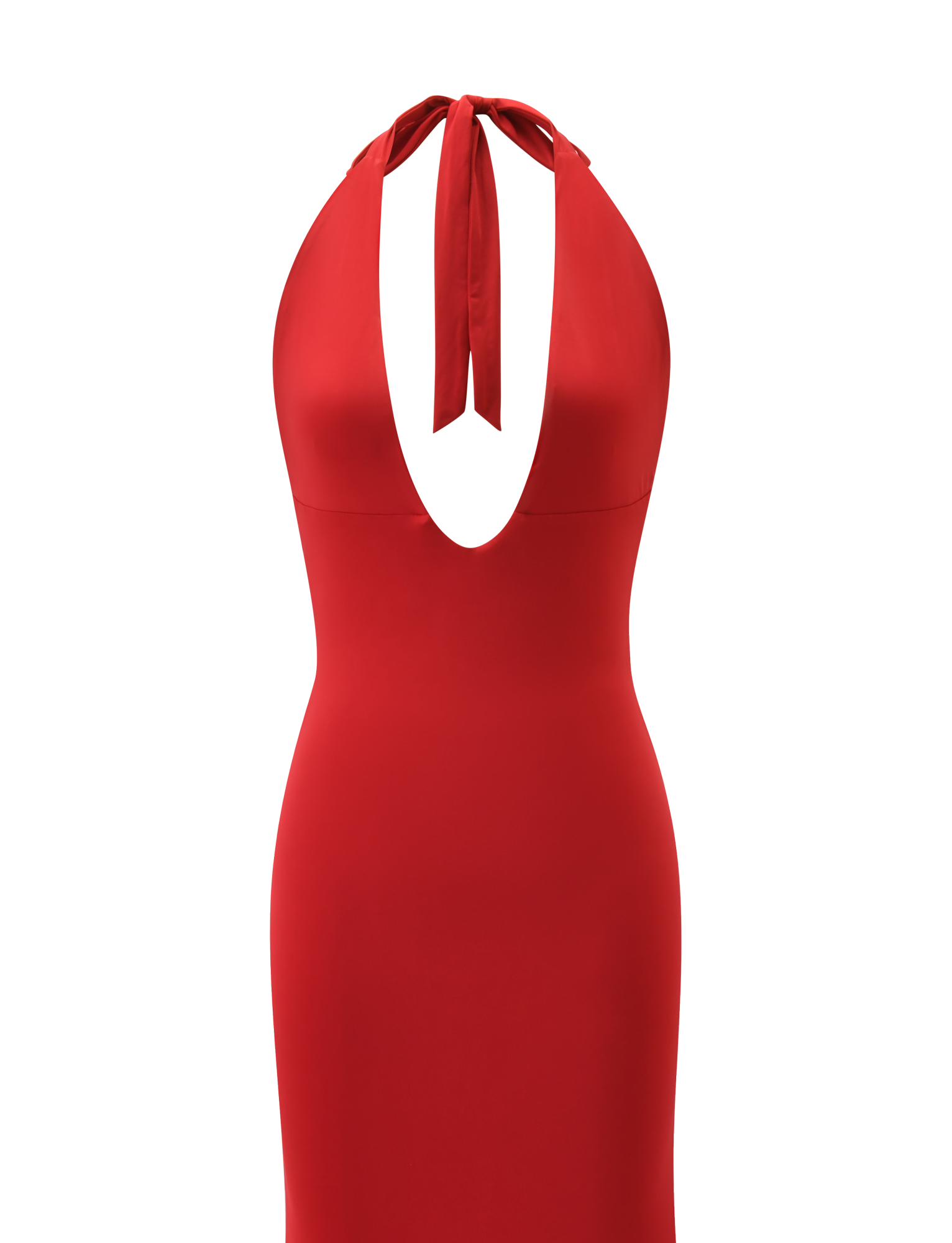 The SOLYNE MAXI DRESS by TIGERMIST is a sleeveless, form-fitting deep red maxi dress featuring a plunging neckline, halter neck tie, and subtle beaded crystals, shown on a plain white background.