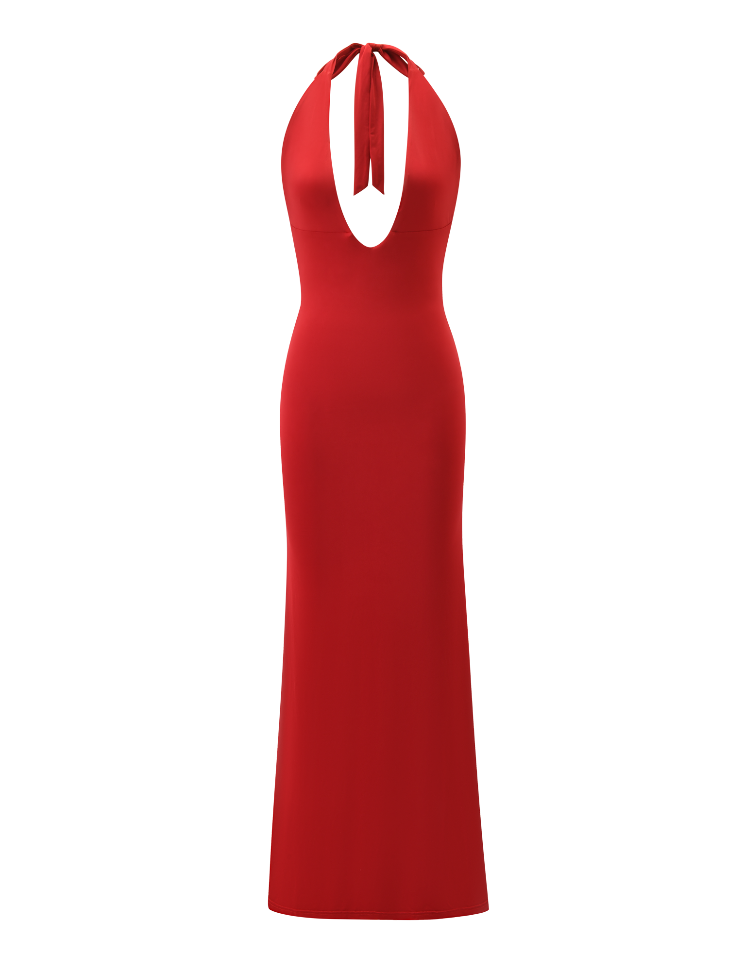 The SOLYNE MAXI DRESS - RED by TIGERMIST is a sleeveless maxi with a fitted silhouette, deep V-neckline, neck tie detail, and smooth, elegant fabric.