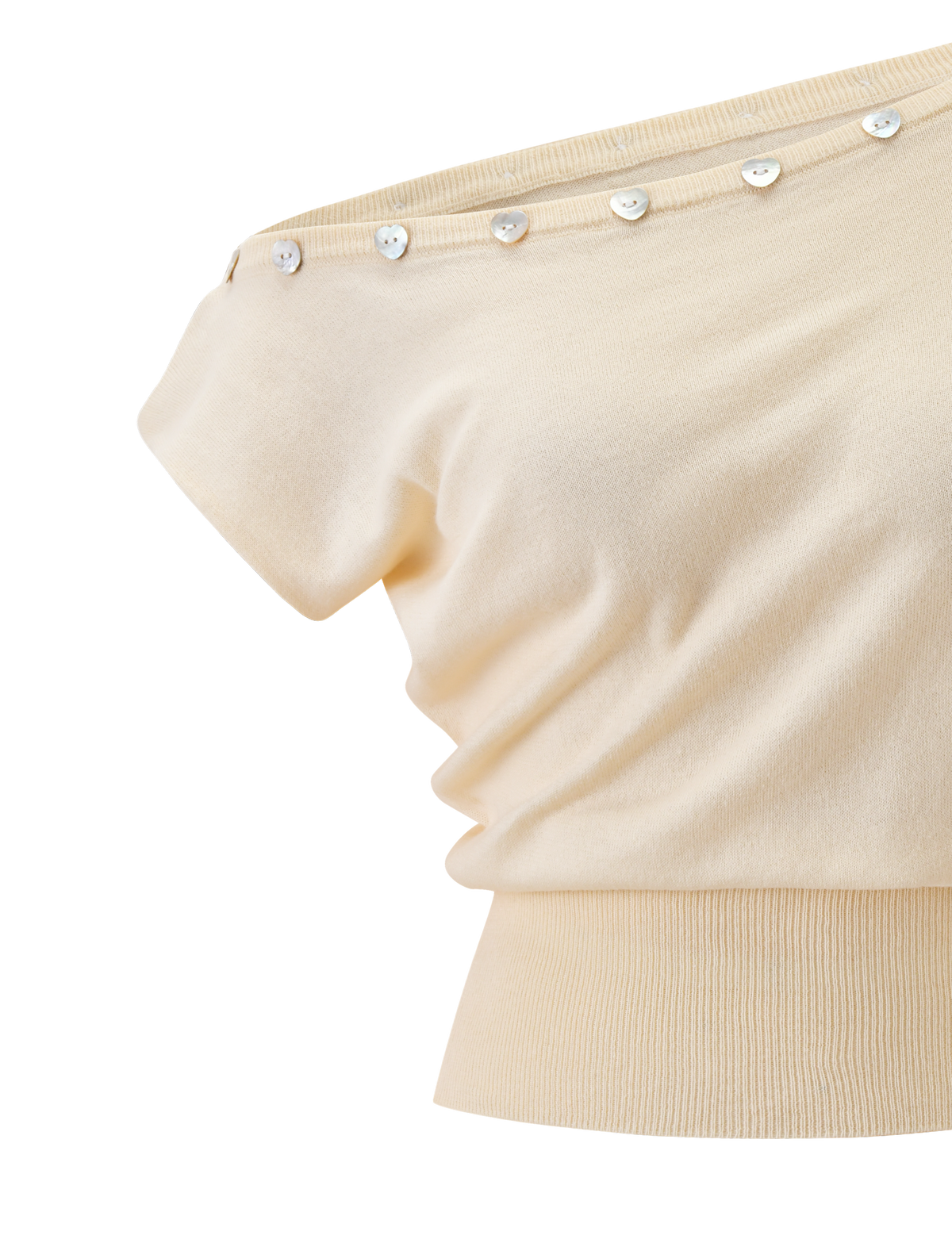 A close-up of the TIGERMIST TYLA SLEEVELESS KNIT TOP in cream, showcasing heart button details on the neckline, soft textured fabric, and a wide ribbed hem.