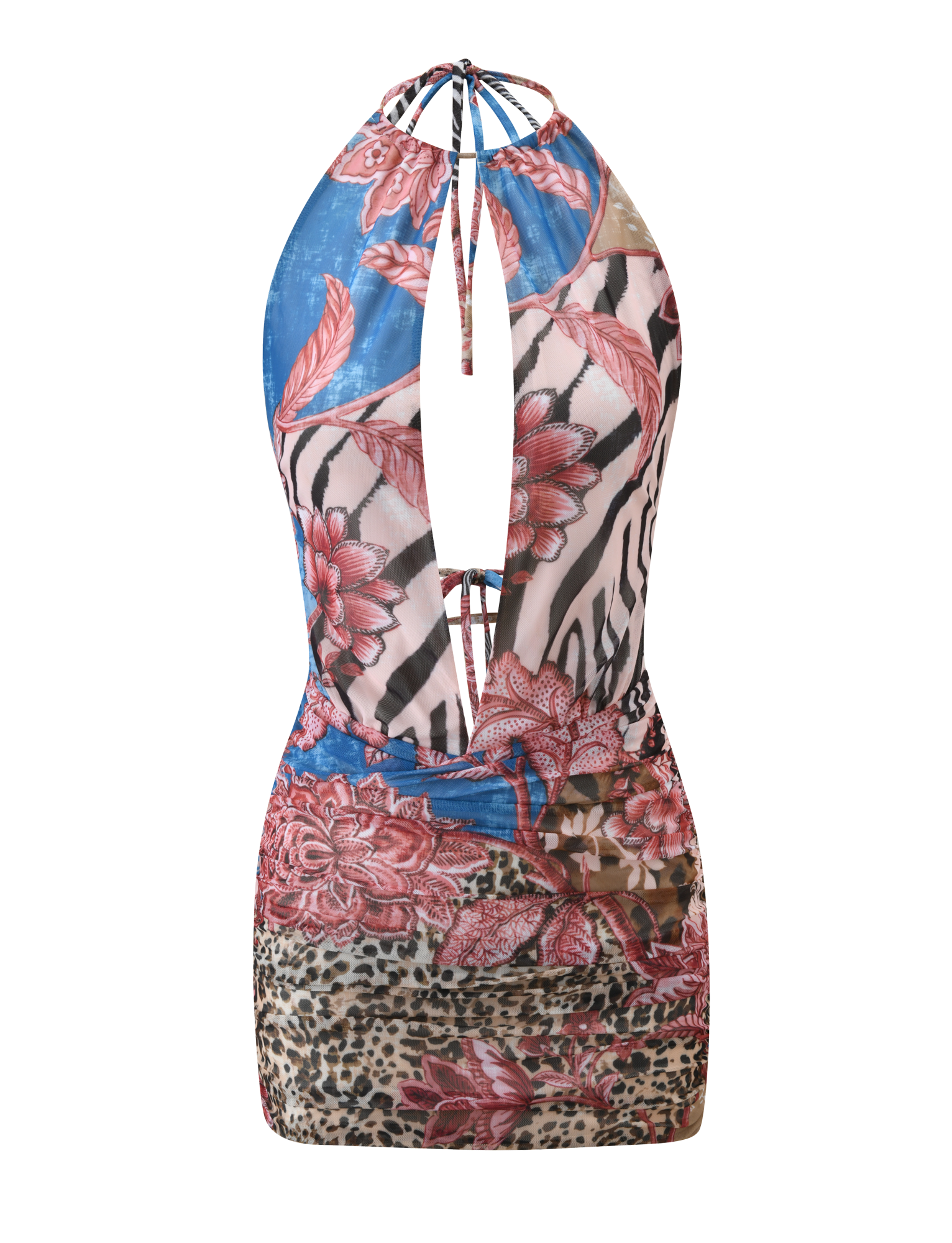 The TIGERMIST EVANNA DRESS 2.0 - GLOBAL ANIMAL FLORAL features a halter neckline, an open back with tie straps, and a mix of floral, zebra, and leopard prints in blue, pink, and brown.