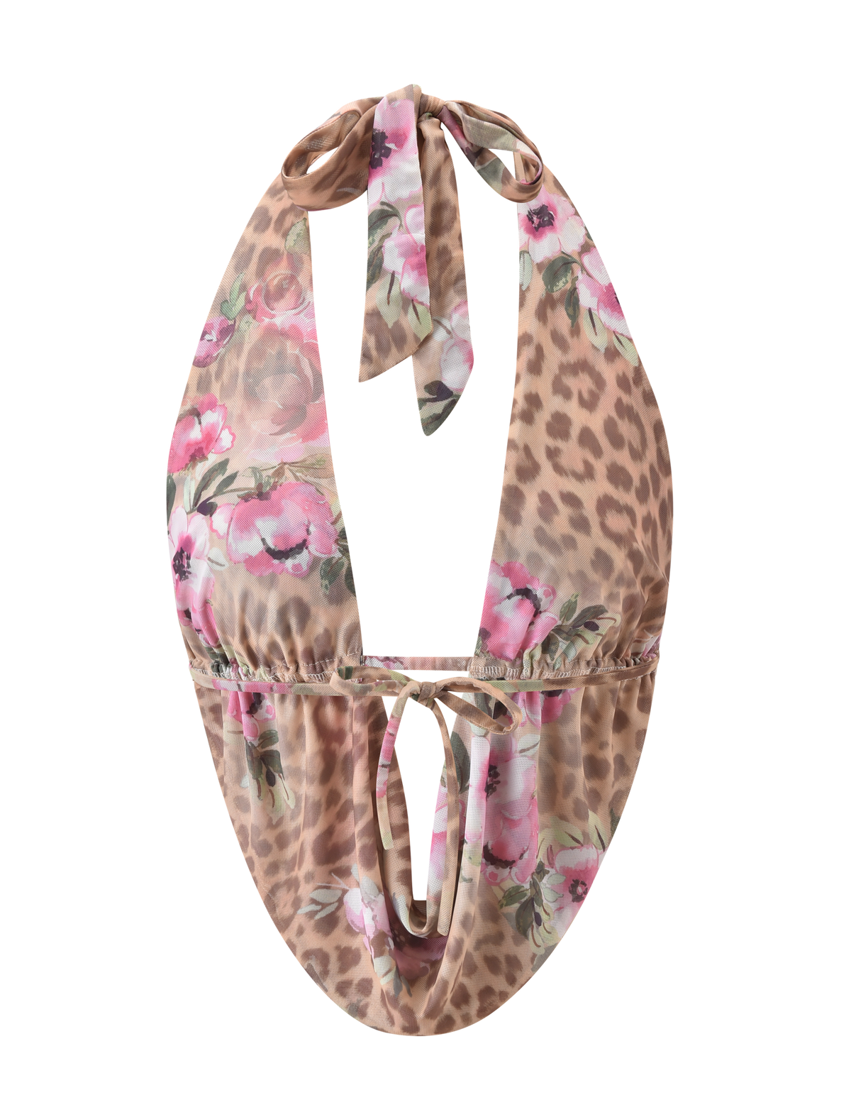 The RISA TOP - LEOPARD FLORAL by TIGERMIST is a mesh halter top with neck and back ties, showcasing a sheer fabric adorned with pink floral and brown leopard print patterns.