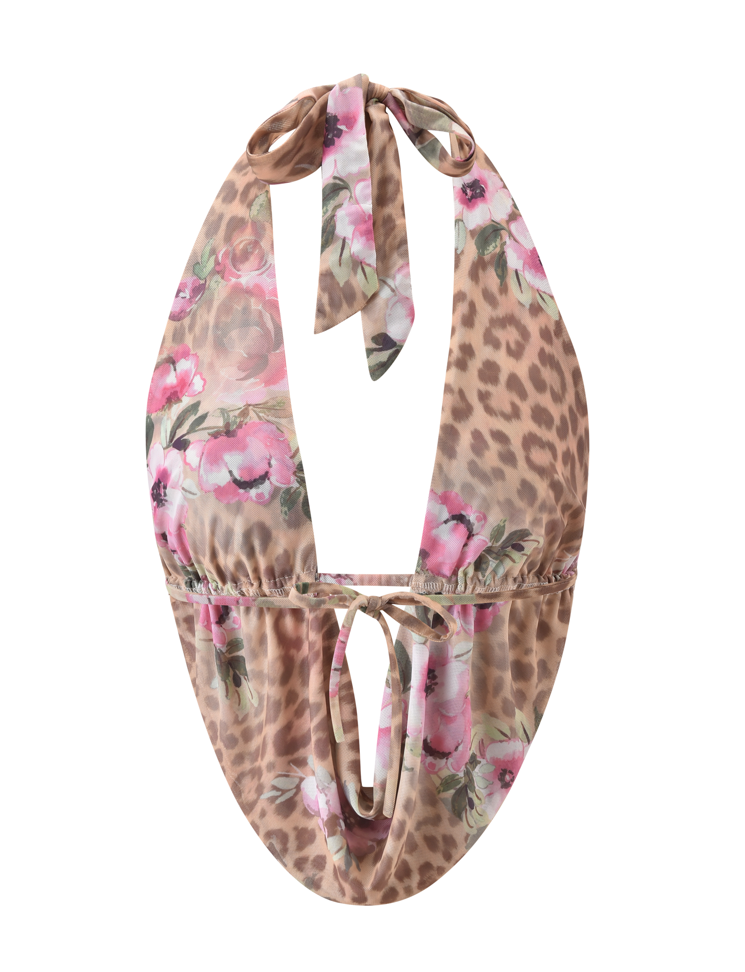 The RISA TOP - LEOPARD FLORAL by TIGERMIST is a mesh halter top with neck and back ties, showcasing a sheer fabric adorned with pink floral and brown leopard print patterns.