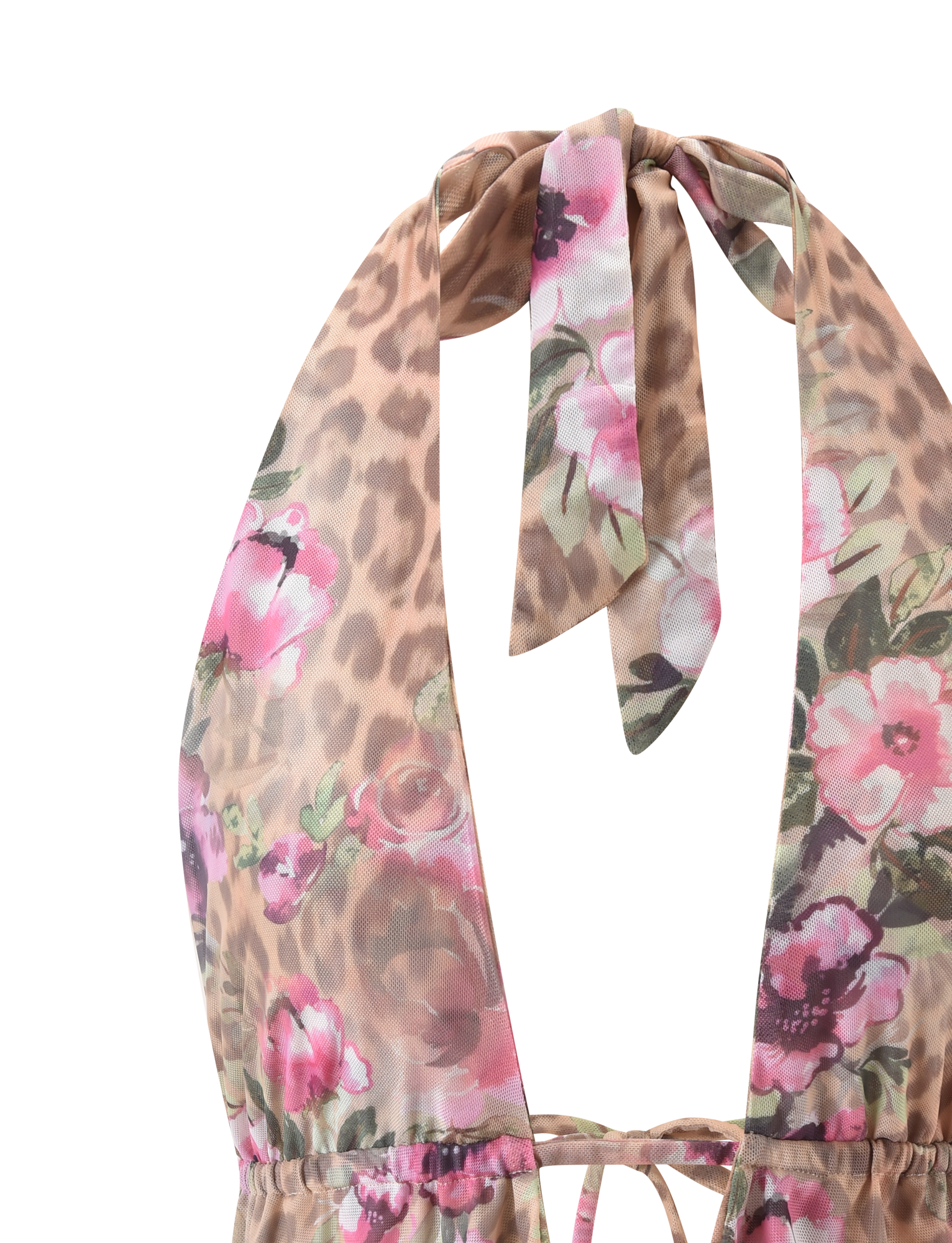 A close-up of the RISA TOP – LEOPARD FLORAL by TIGERMIST, a mesh halter with neckline tie, featuring a bold pink and leopard floral print on a light background.