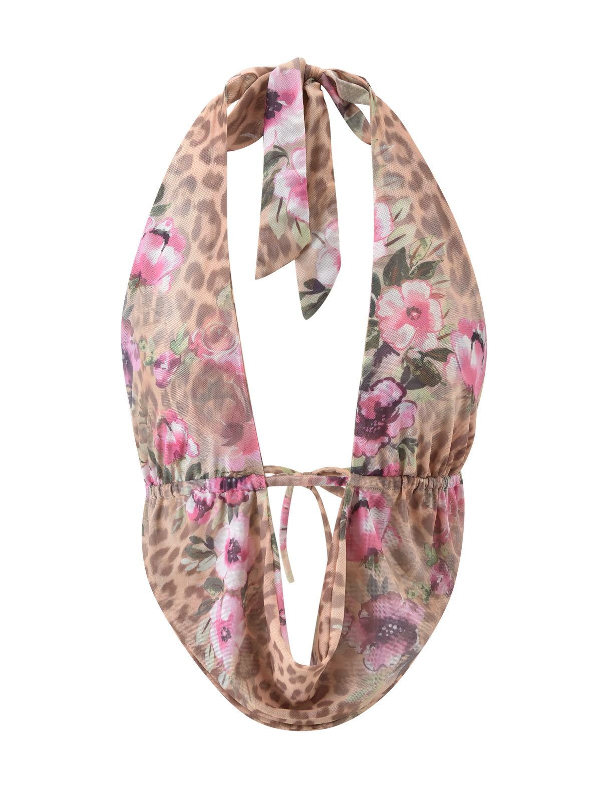 The RISA TOP - LEOPARD FLORAL by TIGERMIST is a mesh halter top with a plunging cowl neckline, neck and back ties, and sheer fabric featuring pink floral and brown leopard prints.