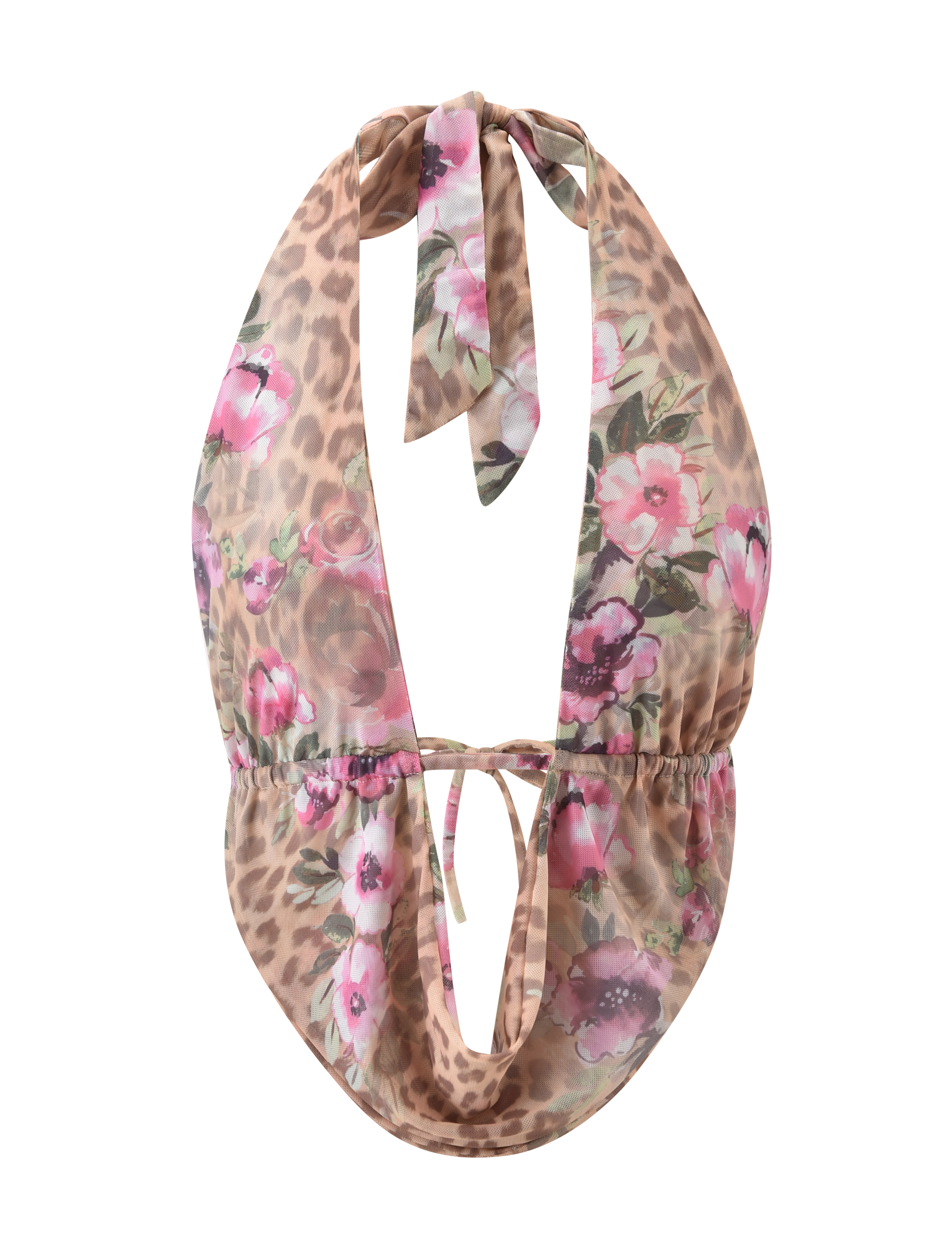 The RISA TOP - LEOPARD FLORAL by TIGERMIST is a mesh halter top with a plunging cowl neckline, neck and back ties, and sheer fabric featuring pink floral and brown leopard prints.
