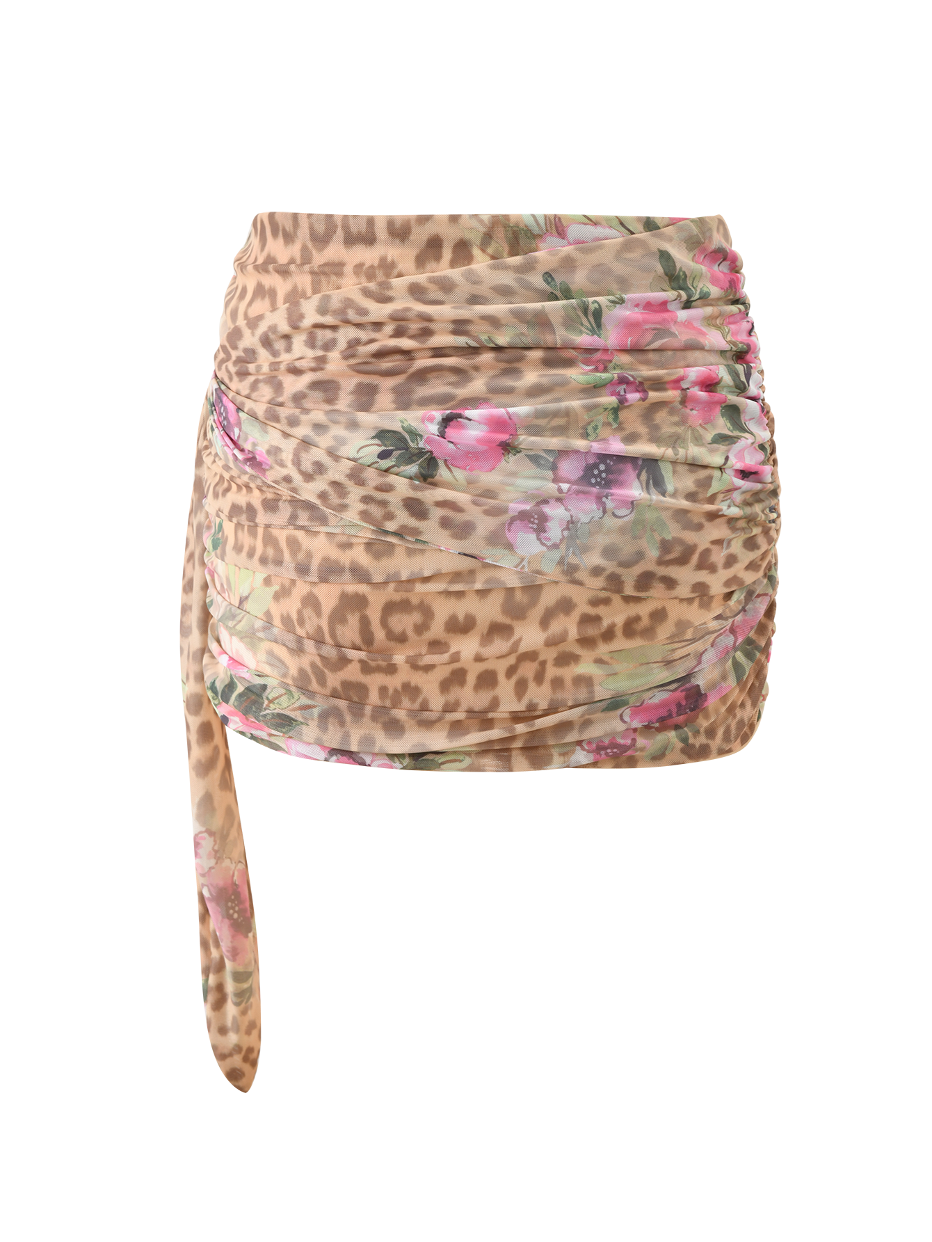 The RISA MINI SKIRT - LEOPARD FLORAL by TIGERMIST features a ruched leopard print with pink floral accents and a draped side tie, shown against a plain white background.