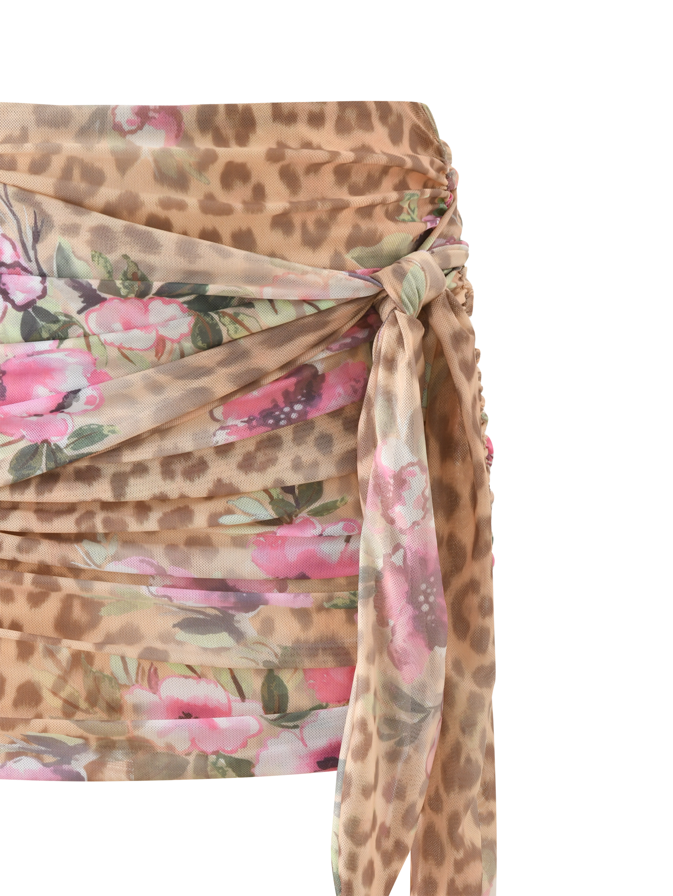 The TIGERMIST RISA MINI SKIRT - LEOPARD FLORAL is a mesh mini skirt with a knotted detail, showcasing a mixed leopard and pink floral print on lightweight fabric.