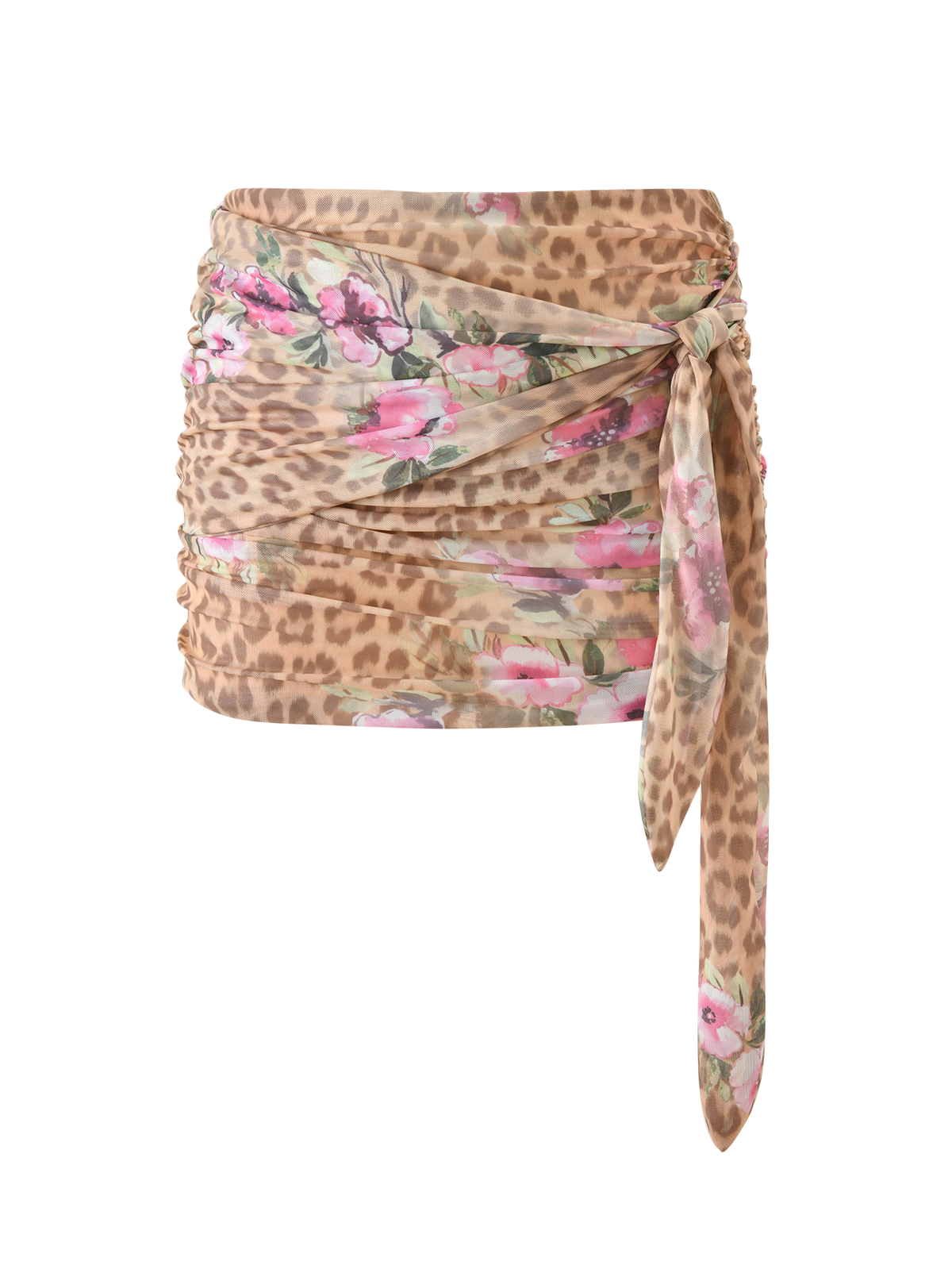 The RISA MINI SKIRT - LEOPARD FLORAL by TIGERMIST features beige and pink leopard floral prints, gathered and ruched sides, and a long sash tie draped at the front right.