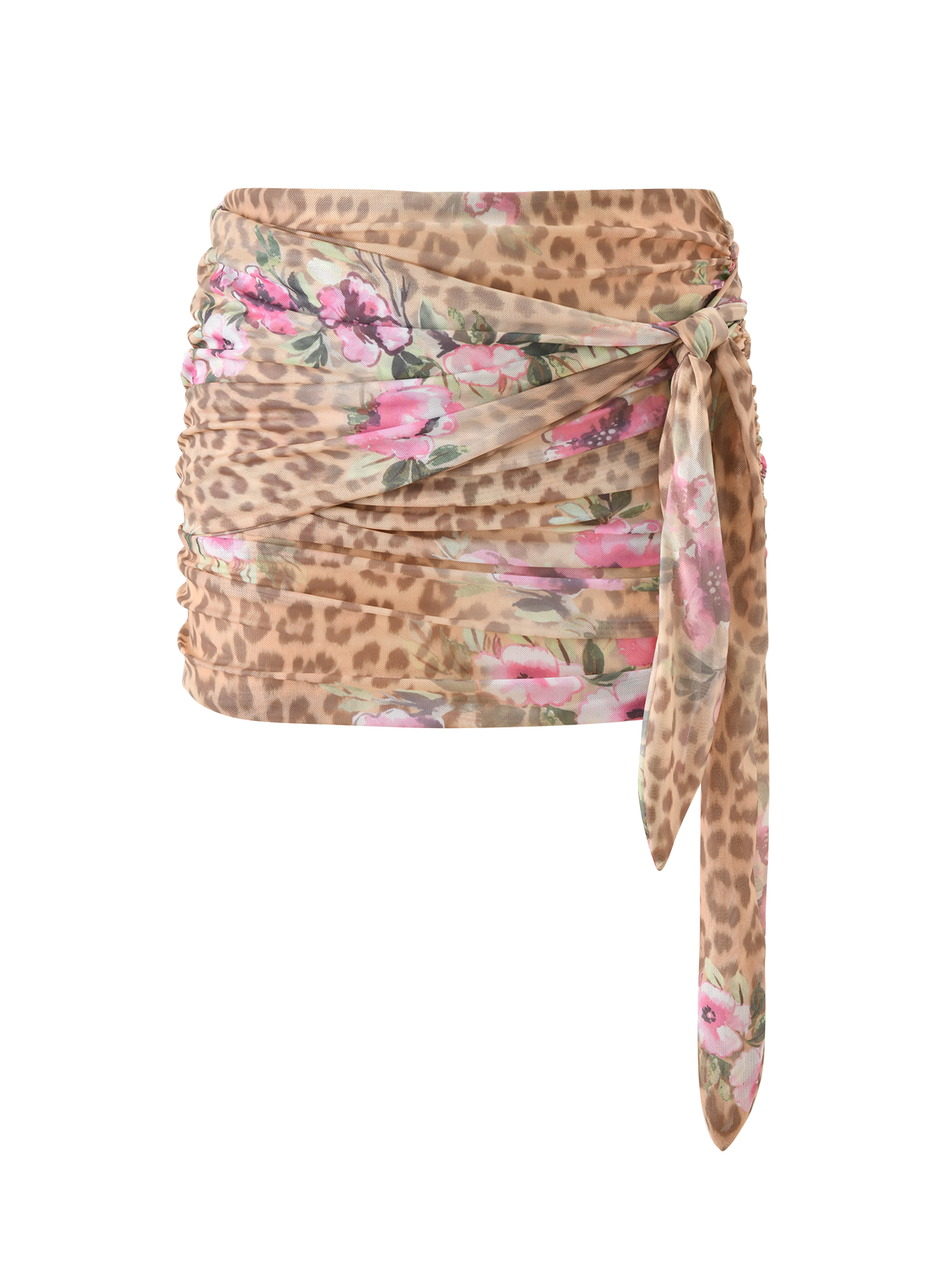 The RISA MINI SKIRT - LEOPARD FLORAL by TIGERMIST features beige and pink leopard floral prints, gathered and ruched sides, and a long sash tie draped at the front right.