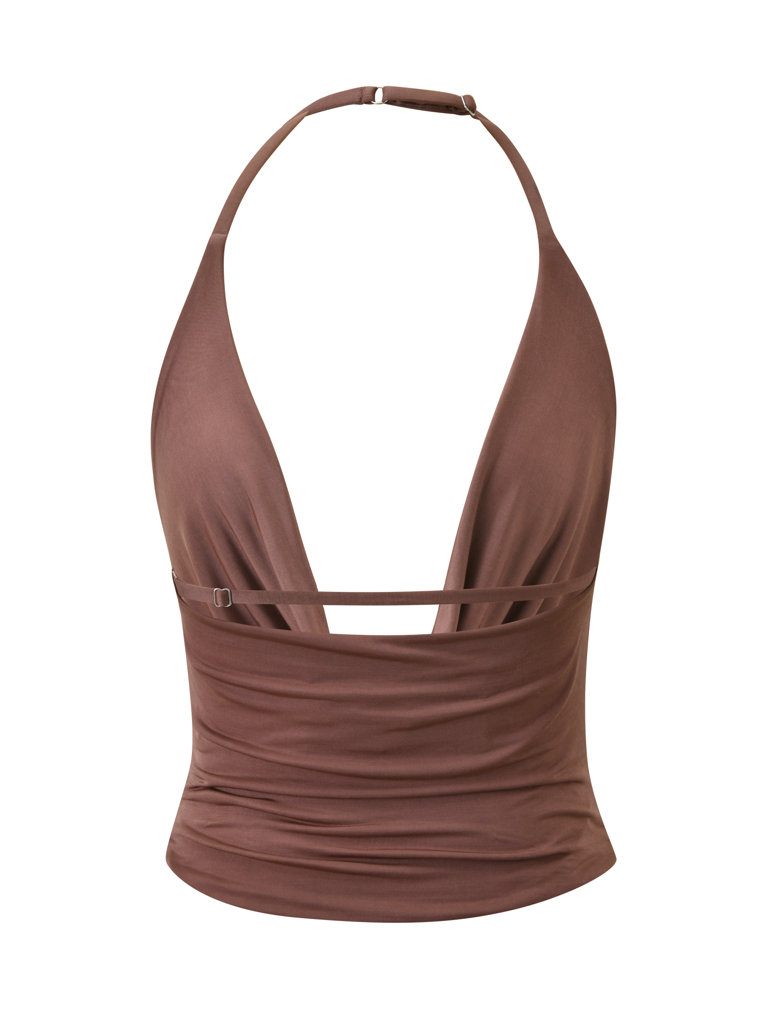 The TIGERMIST THARA TOP - CHOCOLATE is a brown halter-neck top with a deep V-neckline, adjustable chest strap, and ruched fitted design in silky-soft fabric, shown on a plain white background.