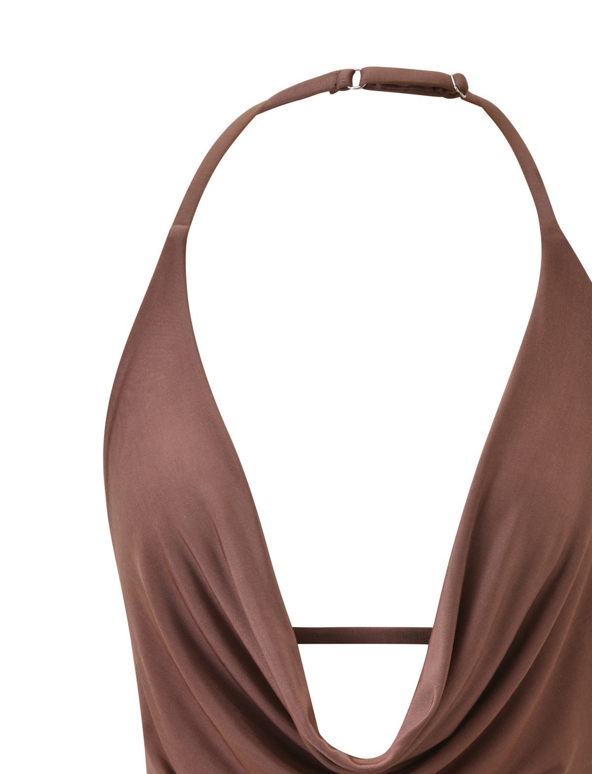 The TIGERMIST THARA TOP - CHOCOLATE is a brown halter top with a plunging cowl neckline, silky soft fabric, draped front, and adjustable neck strap, shown in close-up against a white background.