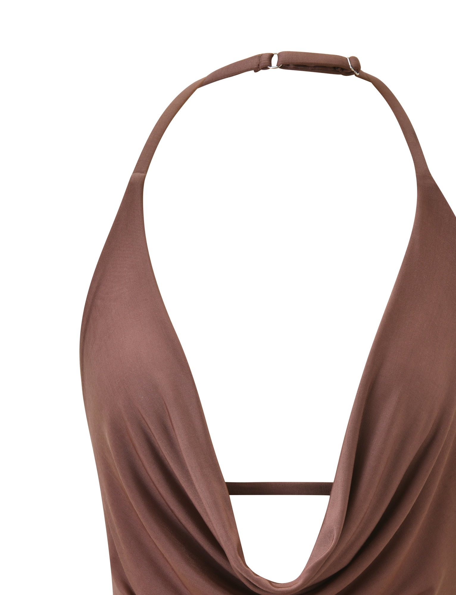The TIGERMIST THARA TOP - CHOCOLATE is a brown halter top with a plunging cowl neckline, silky soft fabric, draped front, and adjustable neck strap, shown in close-up against a white background.
