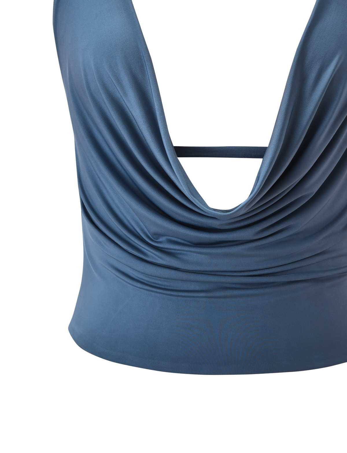 A close-up of the TIGERMIST THARA TOP in slate blue, featuring a draped plunging cowl neck and fitted waist, showcased against a white background.