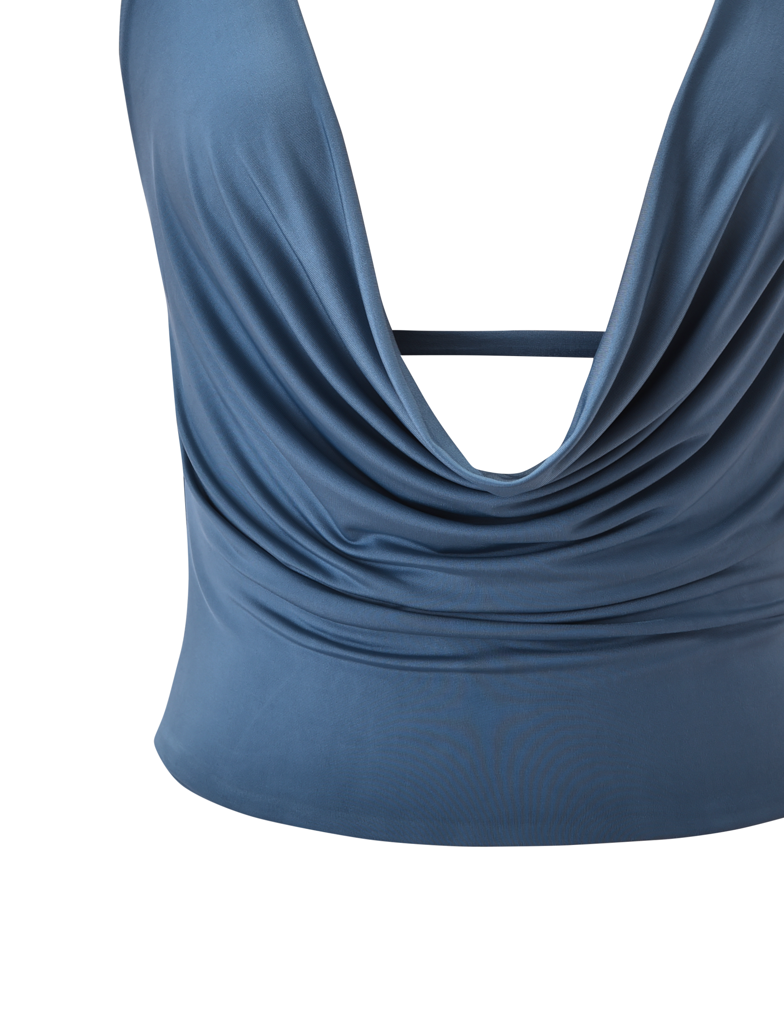 A close-up of the TIGERMIST THARA TOP in slate blue, featuring a draped plunging cowl neck and fitted waist, showcased against a white background.