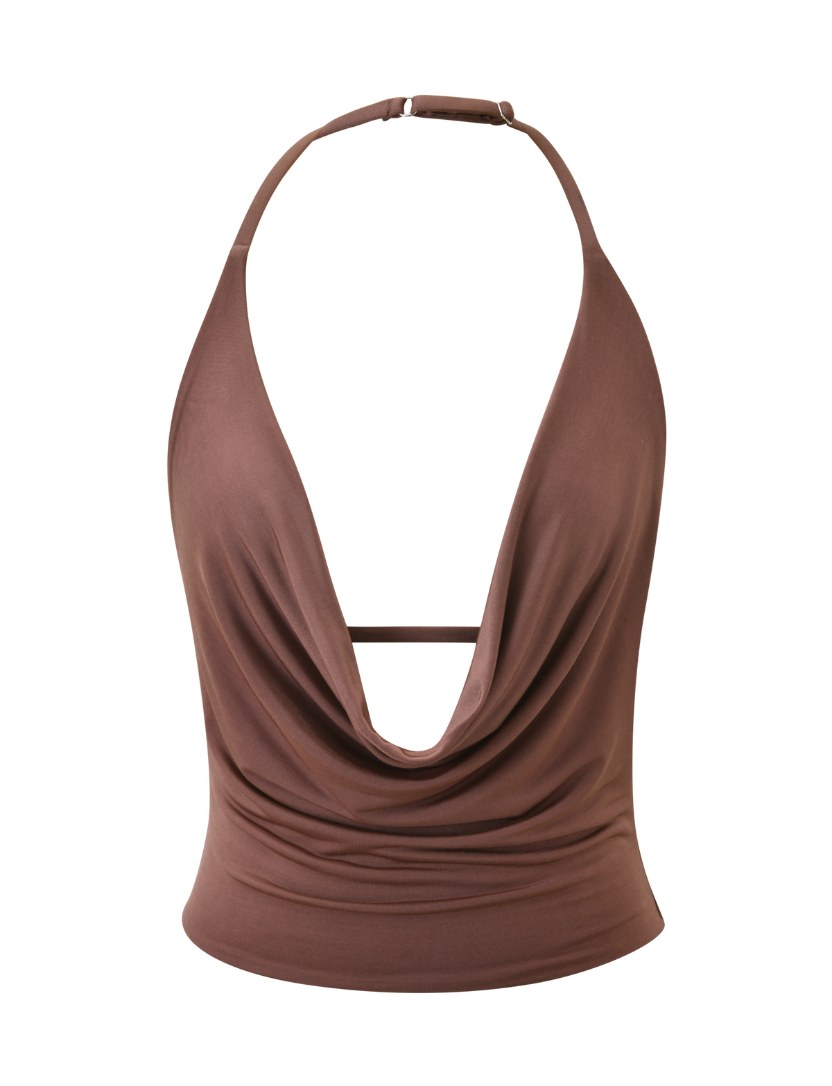 The THARA TOP - CHOCOLATE by TIGERMIST is a sleeveless, chocolate halter top with a plunging cowl neck, open back, thin adjustable neck strap, and fitted silhouette. Made from silky soft fabric for a chic, flattering look.