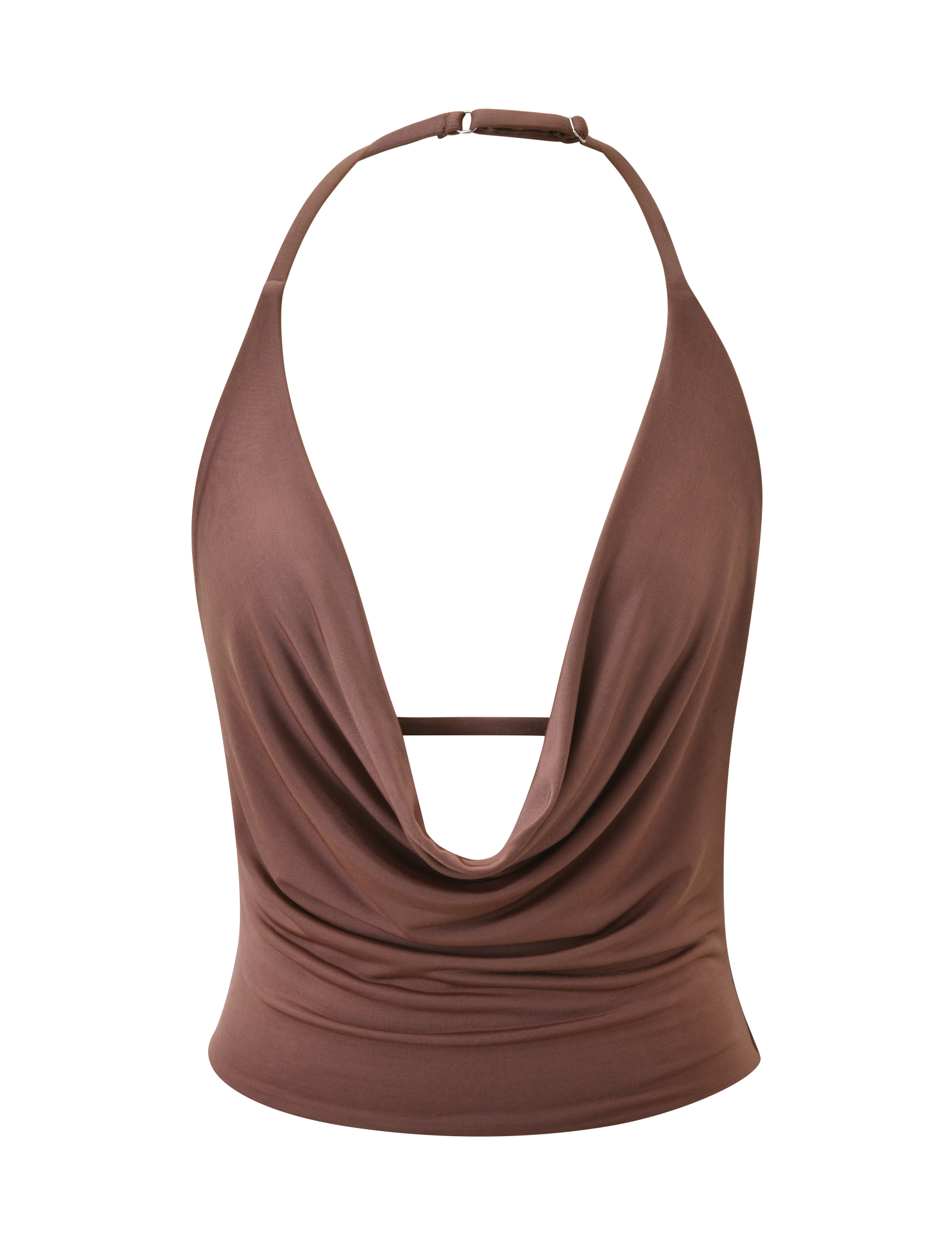 The THARA TOP - CHOCOLATE by TIGERMIST is a sleeveless, chocolate halter top with a plunging cowl neck, open back, thin adjustable neck strap, and fitted silhouette. Made from silky soft fabric for a chic, flattering look.
