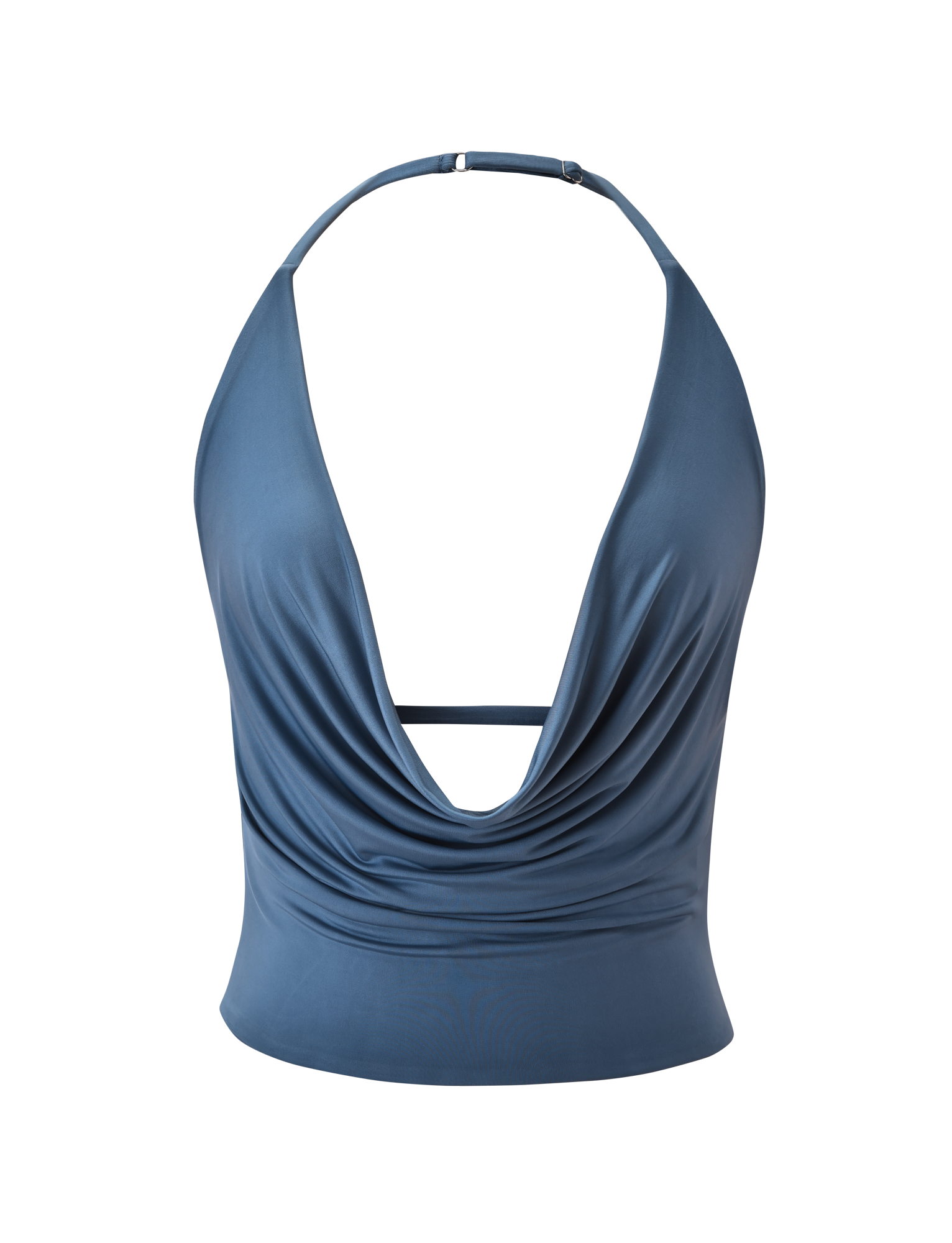 The THARA TOP by TIGERMIST is a slate blue, sleeveless halter top with a plunging cowl neck, strappy open back featuring a thin strap across the upper back, and a fitted waist.