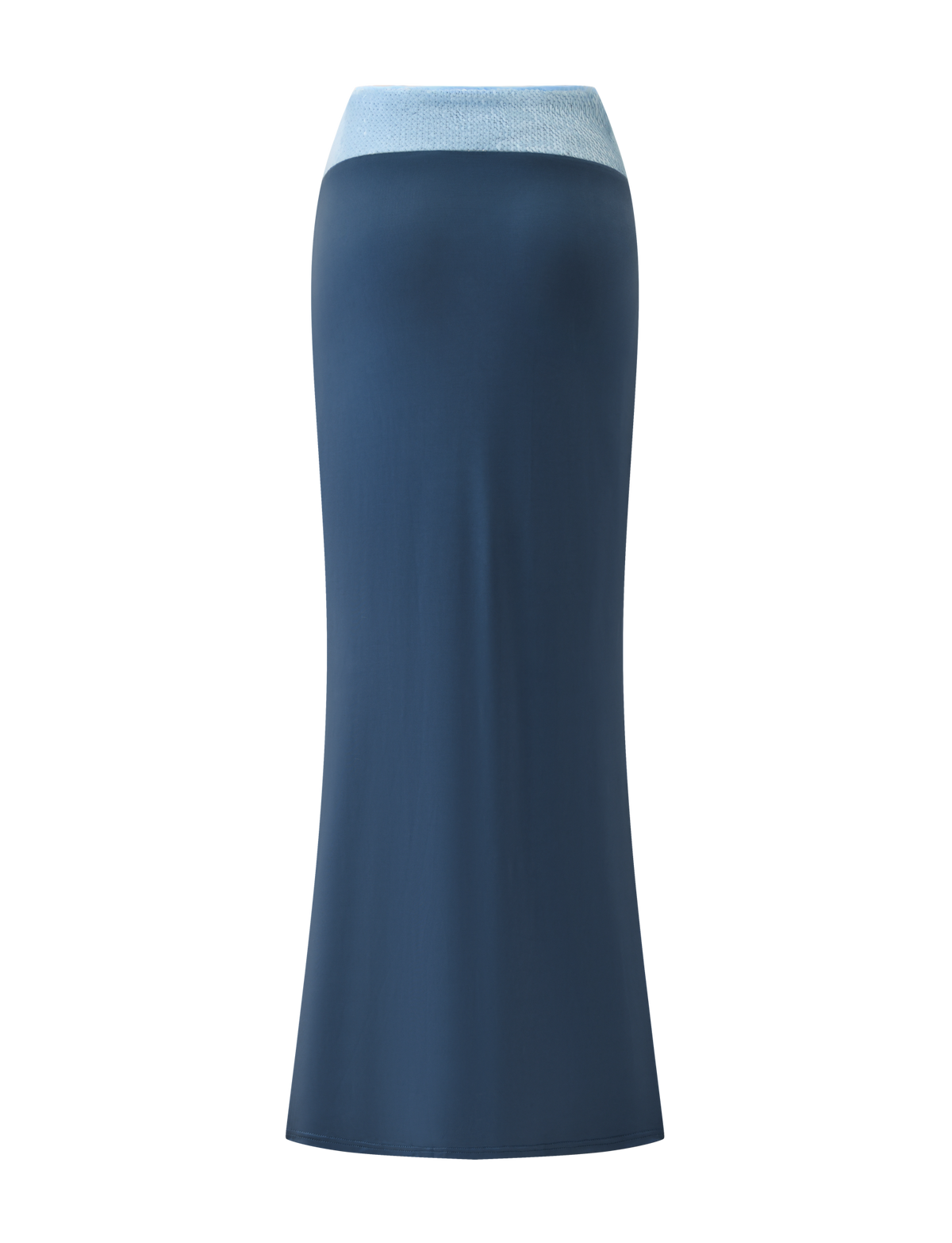 The TIGERMIST THARA MAXI SKIRT in slate blue features a fitted silhouette, light blue ribbed waistband, and a flattering thigh-high slit. Shown on a plain white background.