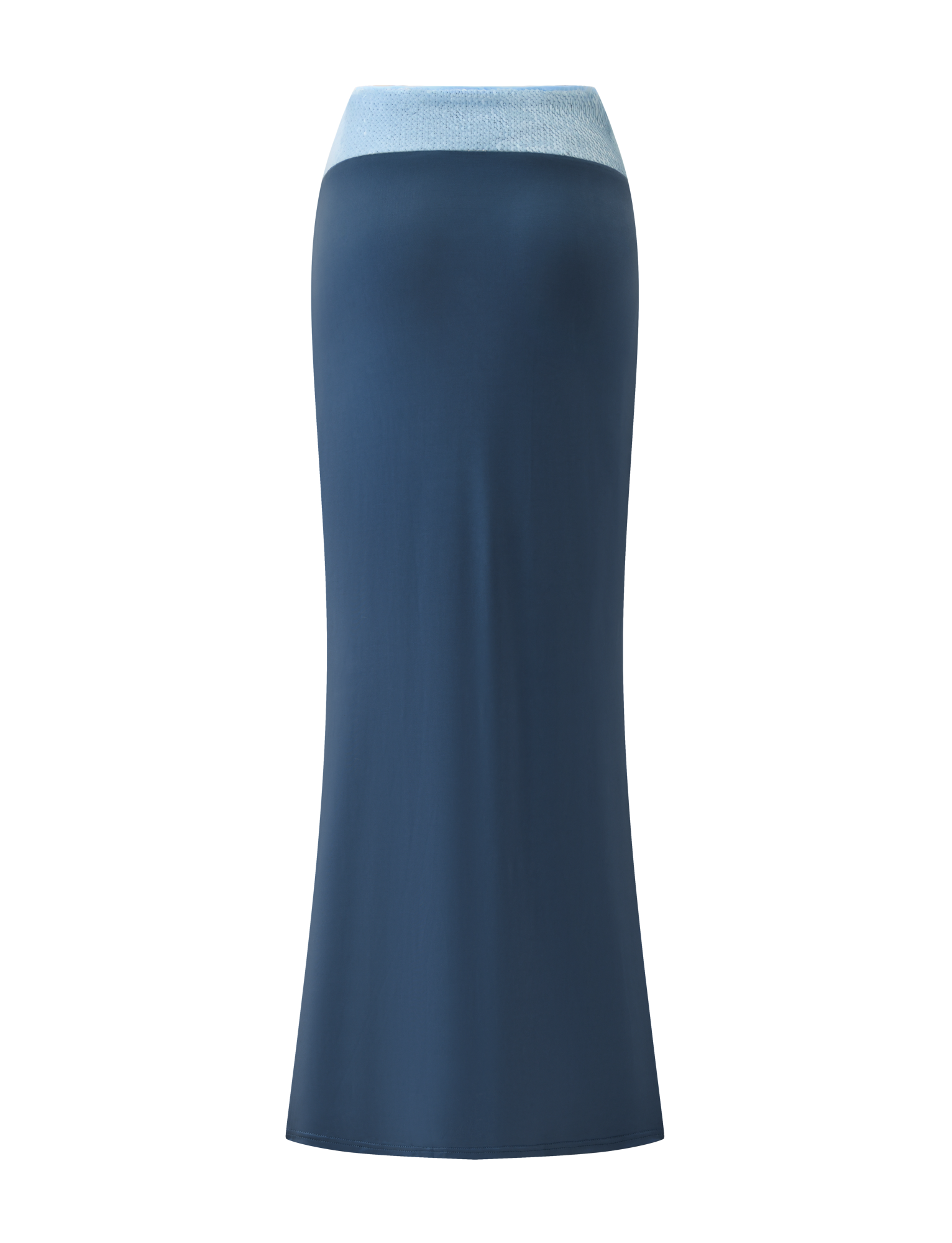 The TIGERMIST THARA MAXI SKIRT in slate blue features a fitted silhouette, light blue ribbed waistband, and a flattering thigh-high slit. Shown on a plain white background.