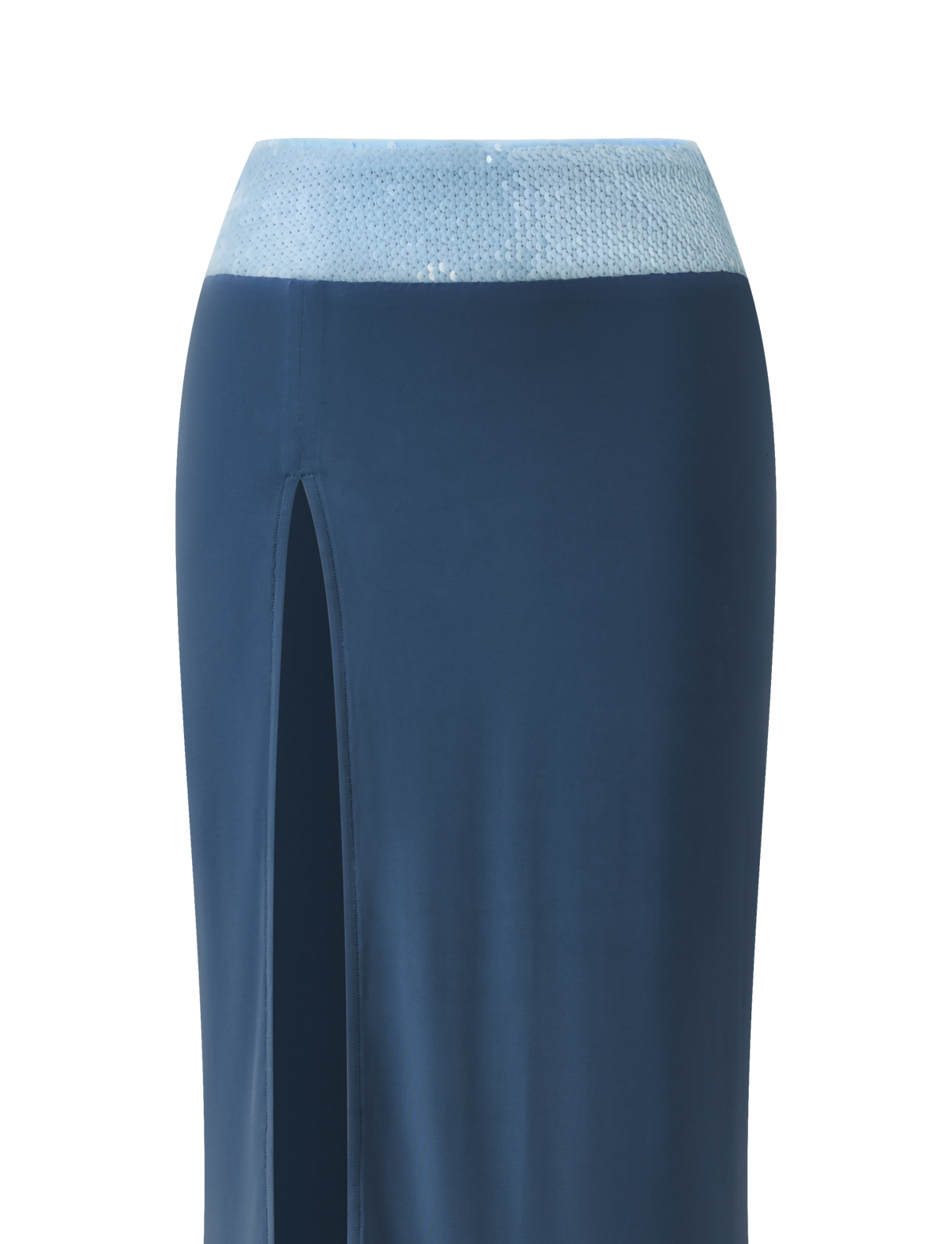 The TIGERMIST THARA MAXI SKIRT in slate blue features a thigh-high slit and a light blue sequin waistband, displayed against a white background.
