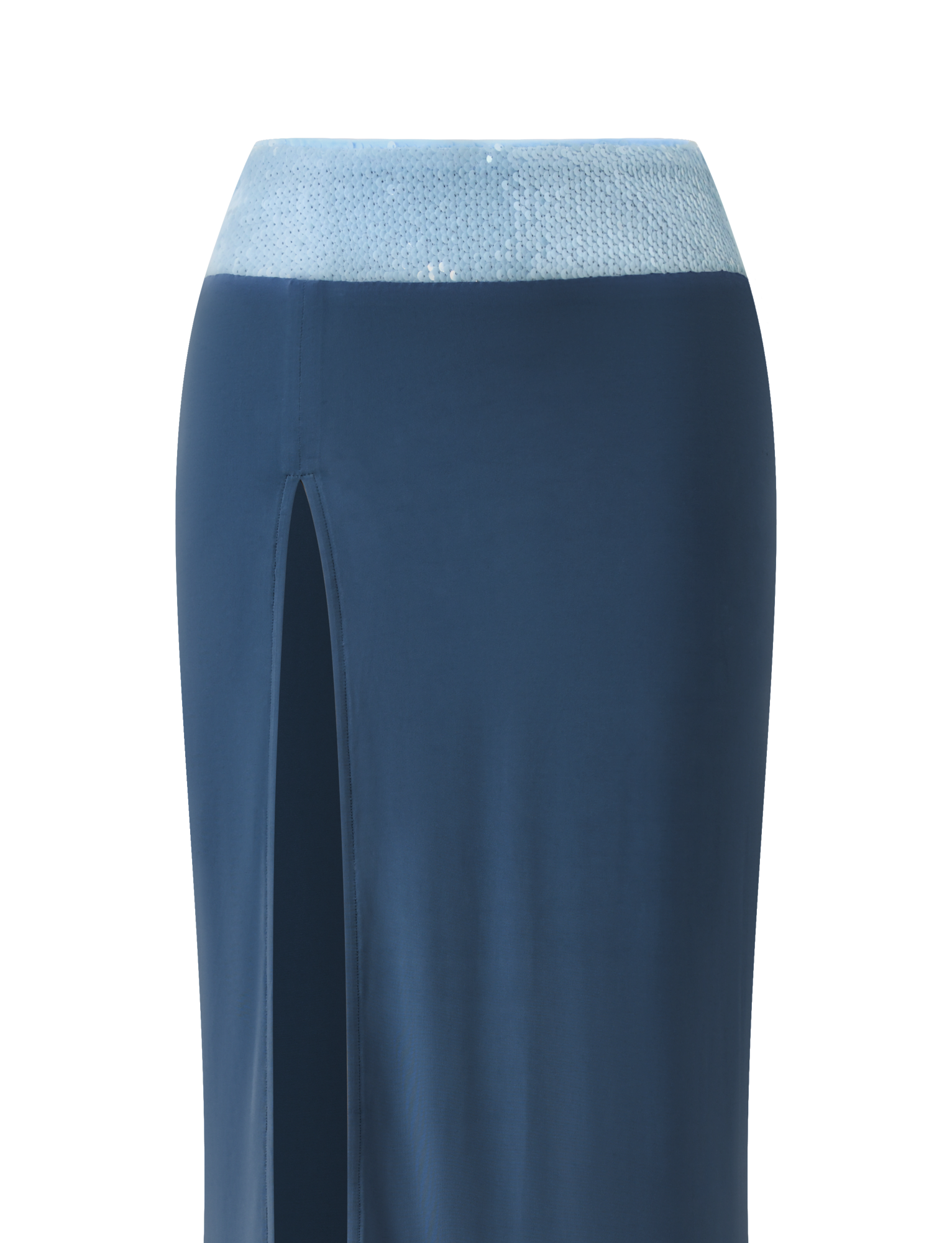 The TIGERMIST THARA MAXI SKIRT in slate blue features a thigh-high slit and a light blue sequin waistband, displayed against a white background.