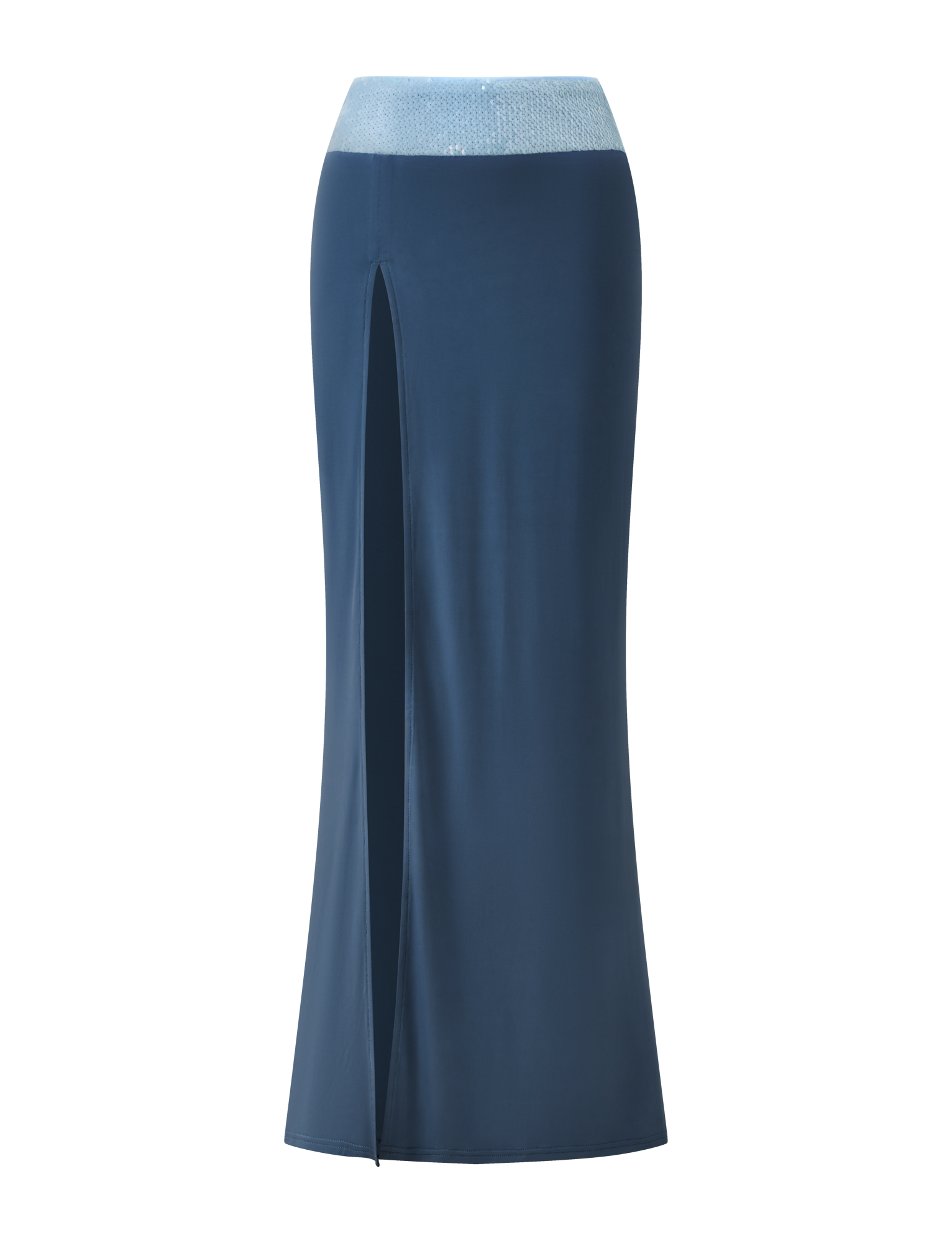 The TIGERMIST THARA MAXI SKIRT in slate blue features a thigh-high slit, sparkling sequin waistband, and ankle-length design, shown against a plain white background.