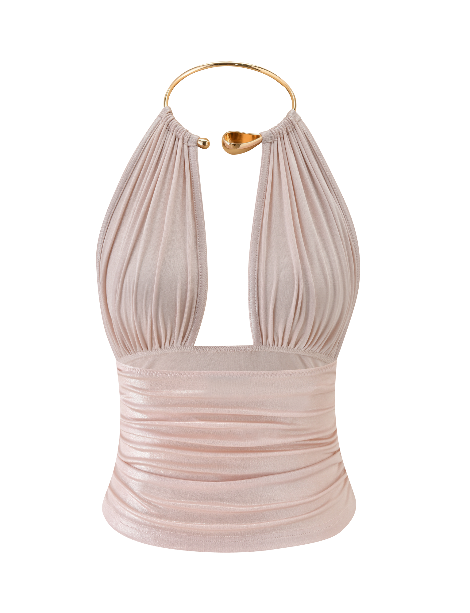 The VIANNA TOP - BABY PINK by TIGERMIST features a shimmery metallic finish, ruched waist, deep V neckline, and a gold choker-style neckpiece for a fitted, glamorous look.