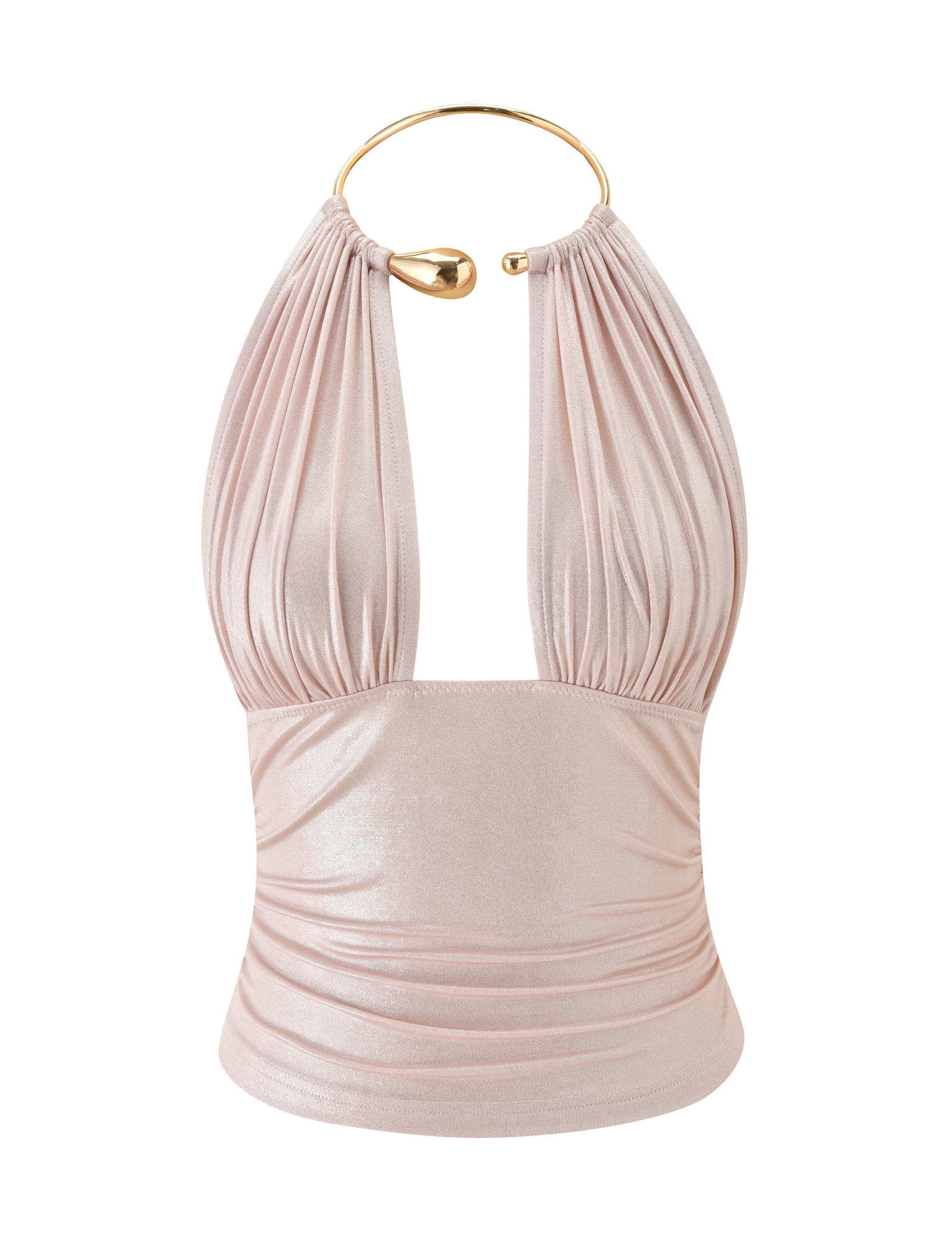 The VIANNA TOP - BABY PINK by TIGERMIST is a sleeveless metallic top with a pleated bodice, gold choker neckline, and chic ruched waist for added glamour.