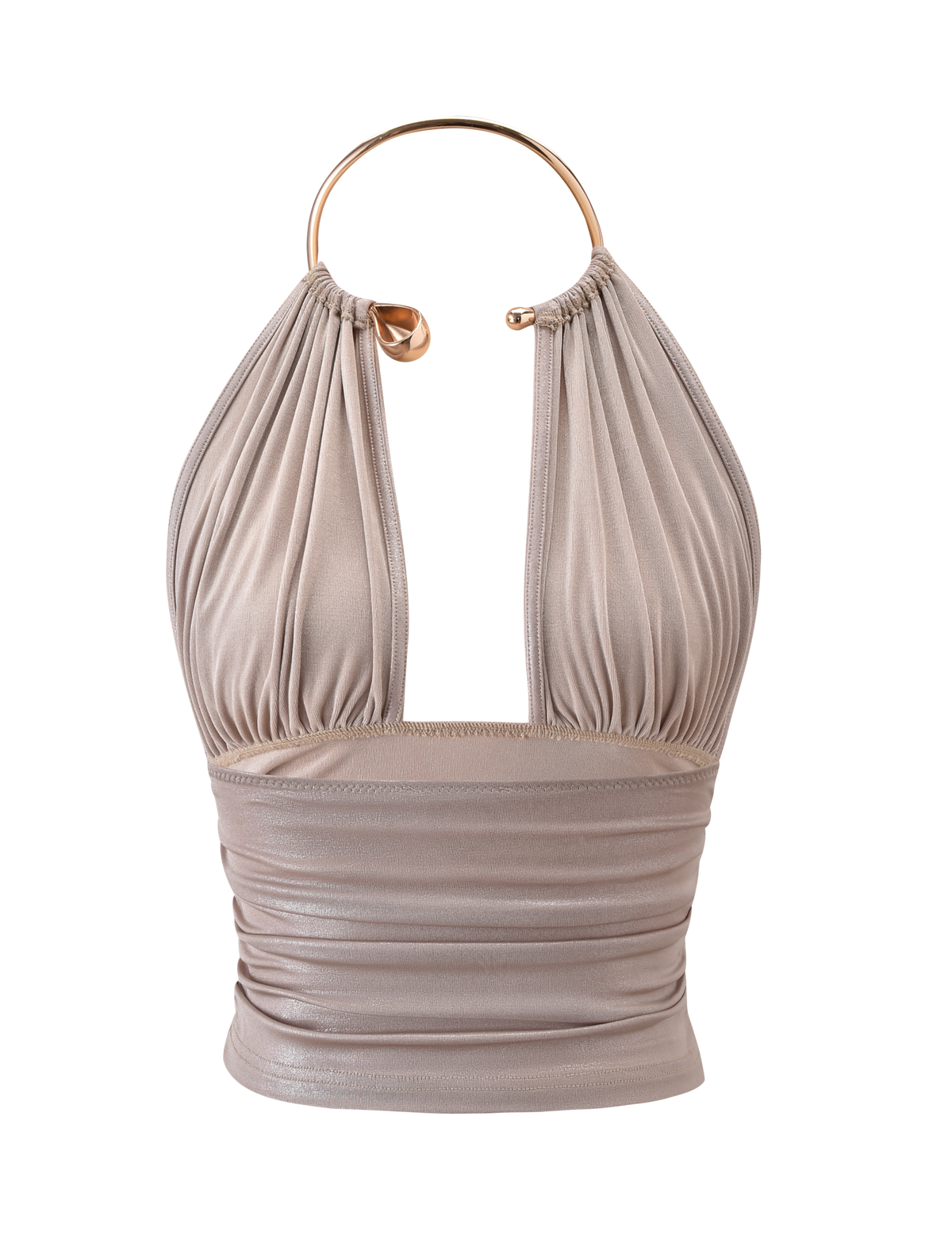 The VIANNA TOP - GOLD by TIGERMIST features metallic gold lamé with ruched, pleated fabric, a plunging neckline, and a circular gold neck piece halter strap. The fitted bodice is gathered. Shown on a plain white background.